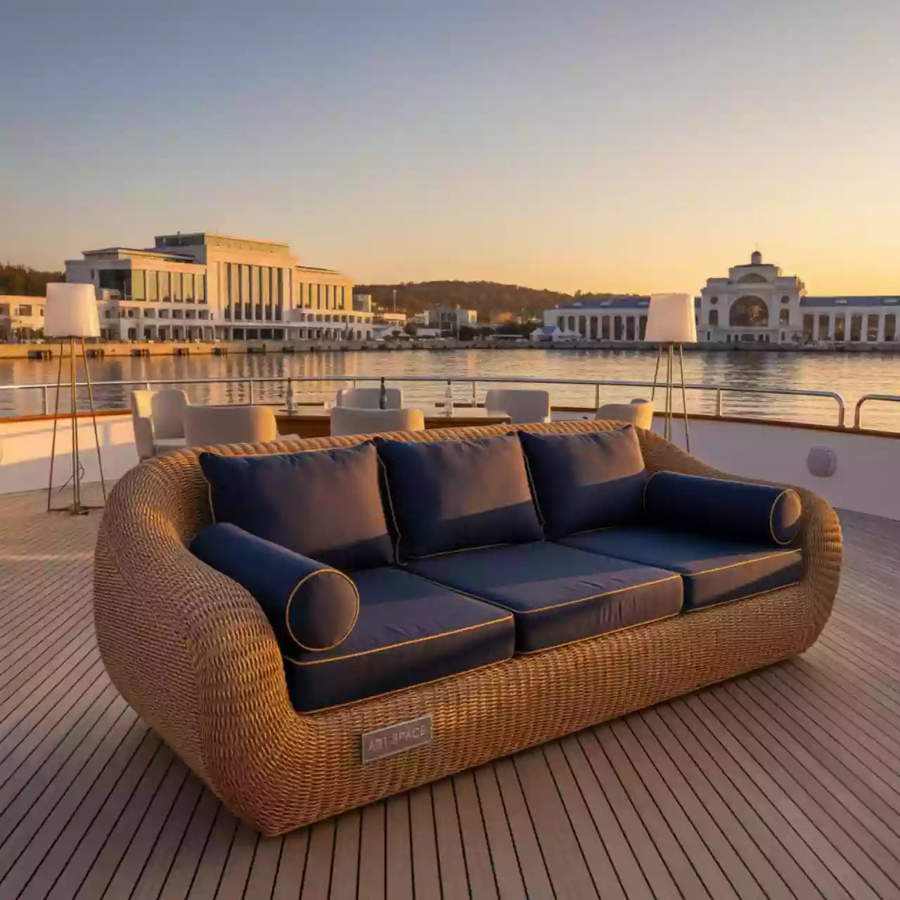 Аренда Диван трехместный плетеный Arena с подушками на VIP теплоходе (Морпорт Сочи) — ART SPACE