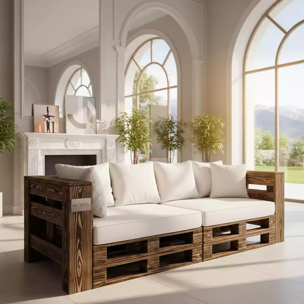 Аренда Диван угловой обожженный из паллет с белыми подушками в Cosmos Sochi Hotel — ART SPACE