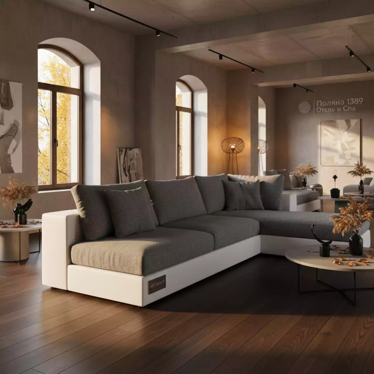 Аренда Диван угловой white с серыми подушками в Поляна 1389 Отель и Спа — ART SPACE