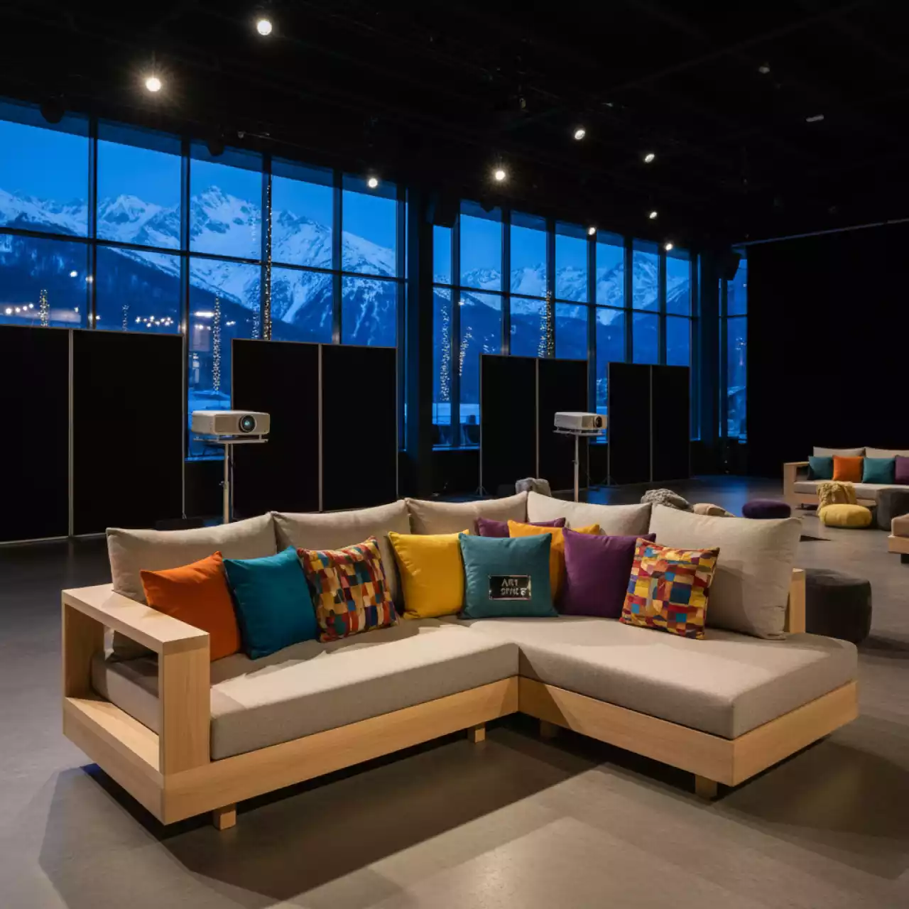 Аренда Диван угловой wood с цветными подушками в Golden Tulip Rosa Khutor — ART SPACE