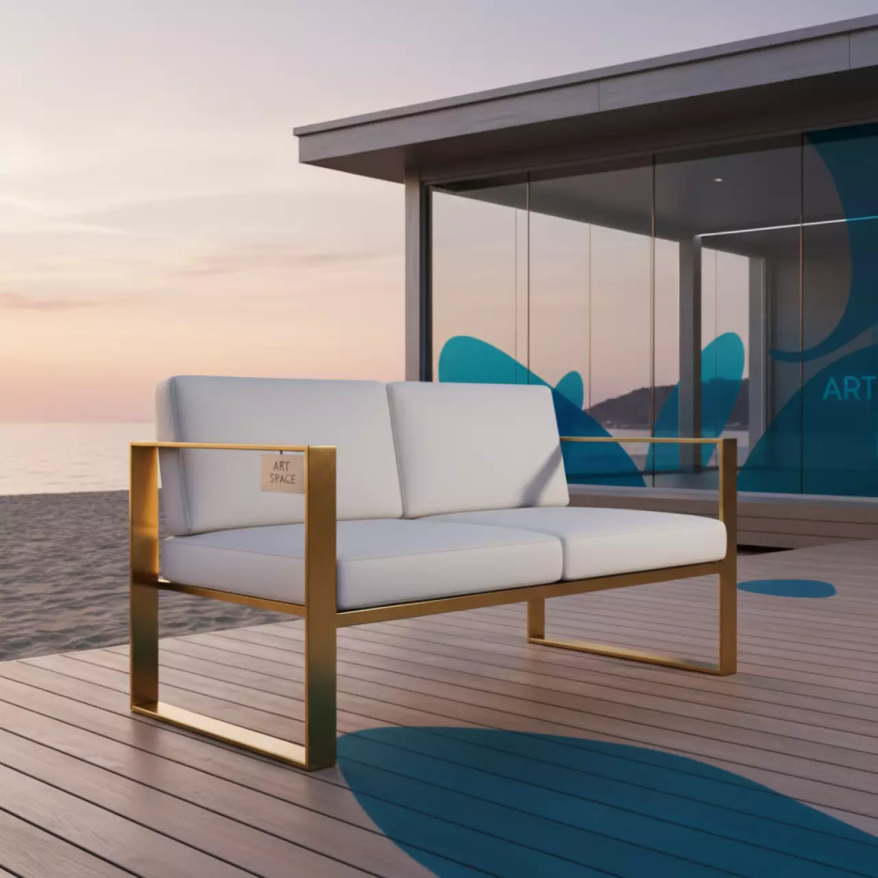 Аренда Диваны двухместные Mendoza из белой экокожи с золотым каркасом на пляже «Ривьера» — ART SPACE