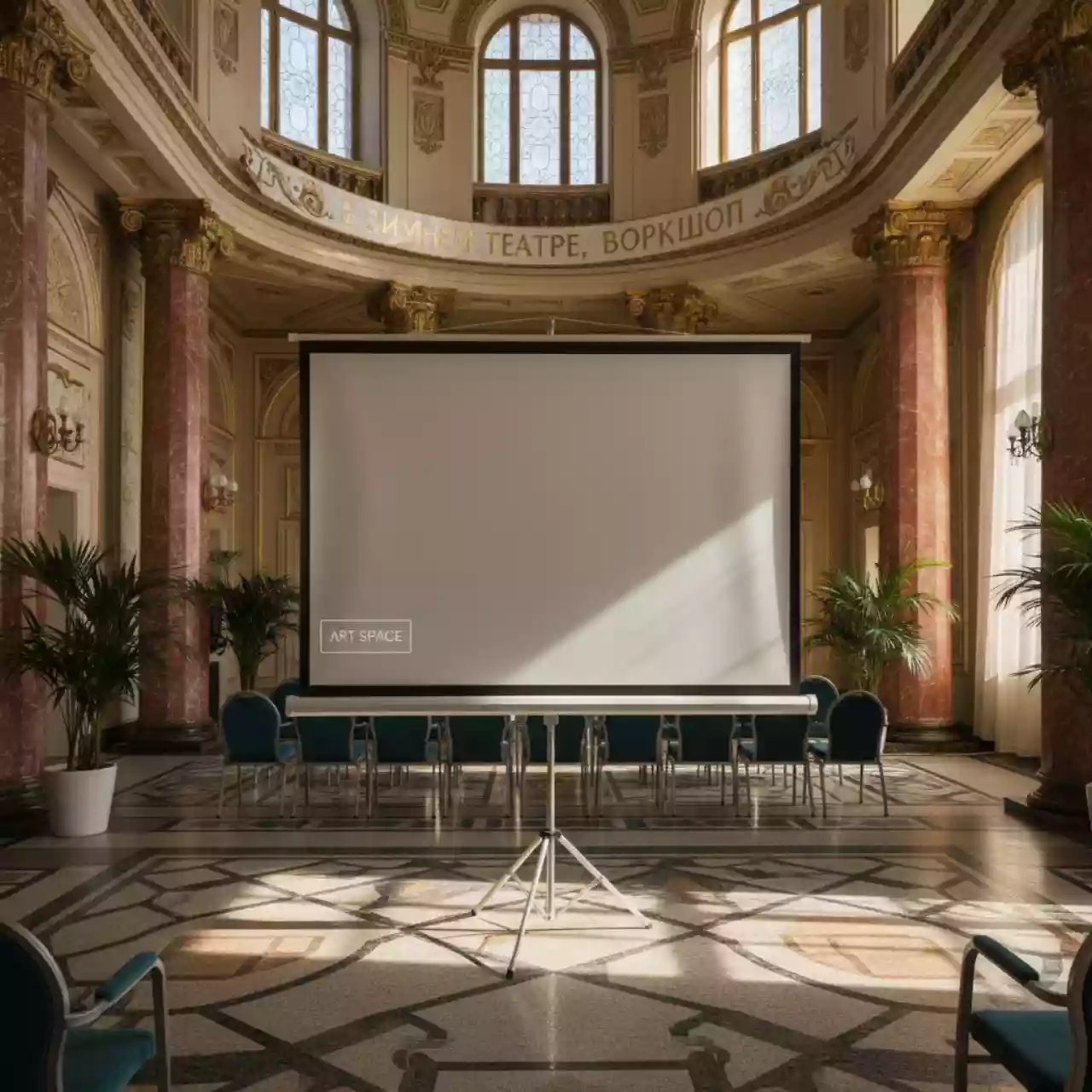 Аренда Экран на штативе Braun Standard бело серебристый с антибликовым покрытием 155х155 см в Зимнем театре — ART SPACE