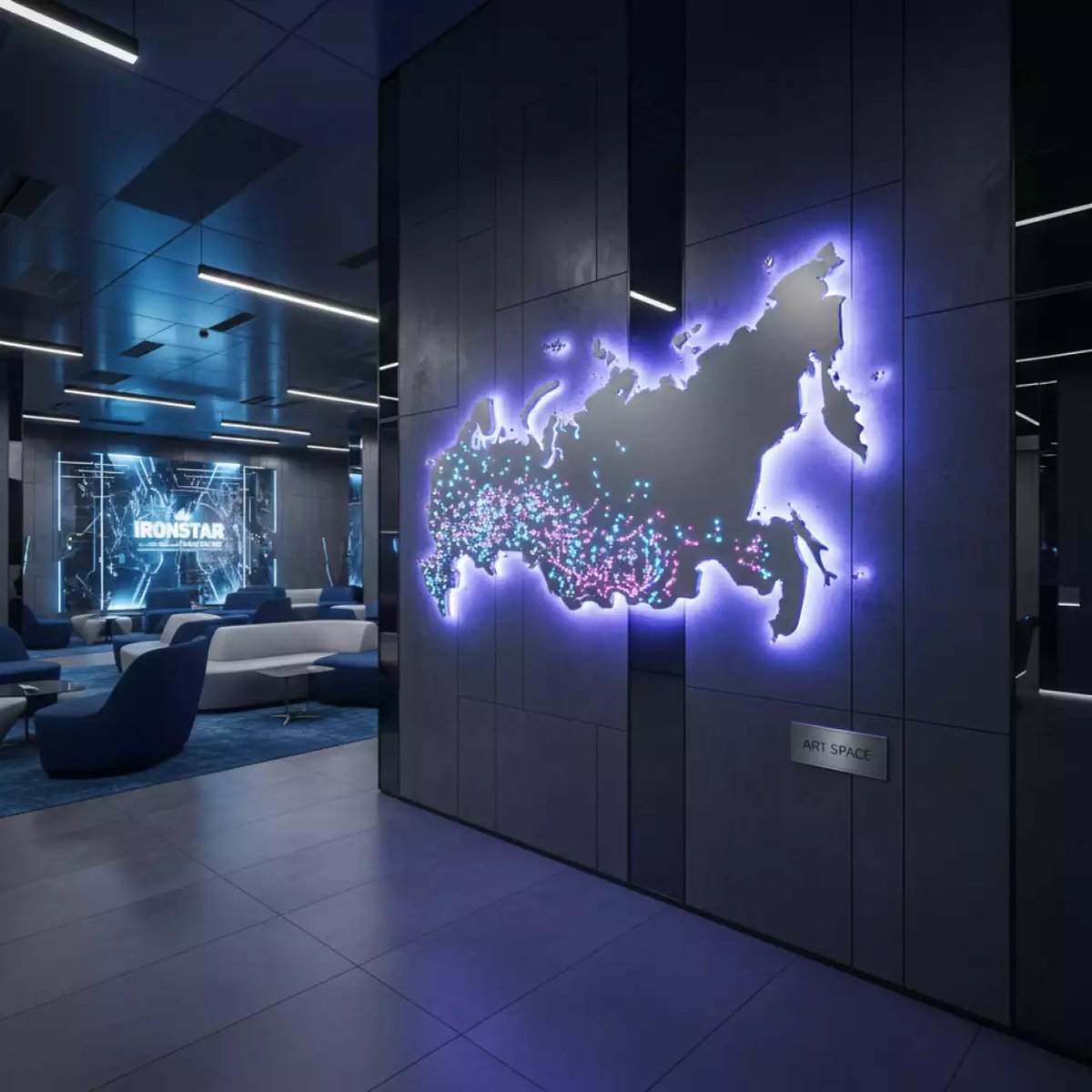 Аренда Элемент декоративный игровой Карта России средняя с подсветкой городов и контражуром в Omega Sirius — ART SPACE