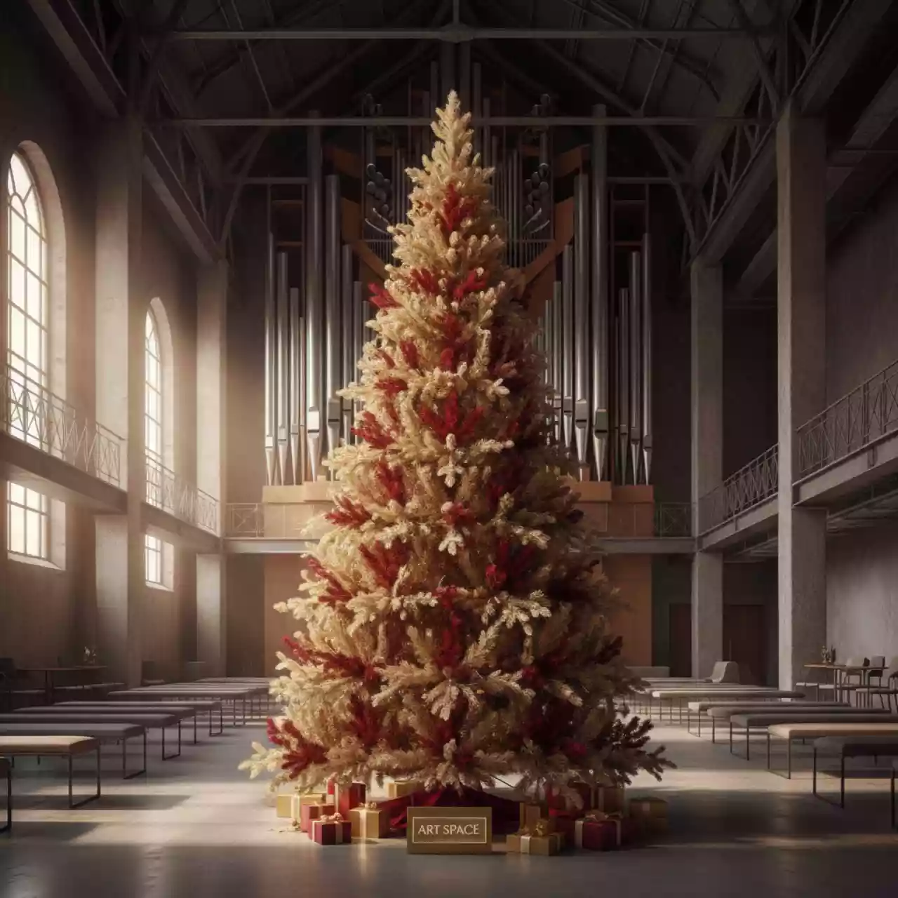 Аренда Елка искусственная золото красная 150 см в Зале органной и камерной музыки — ART SPACE