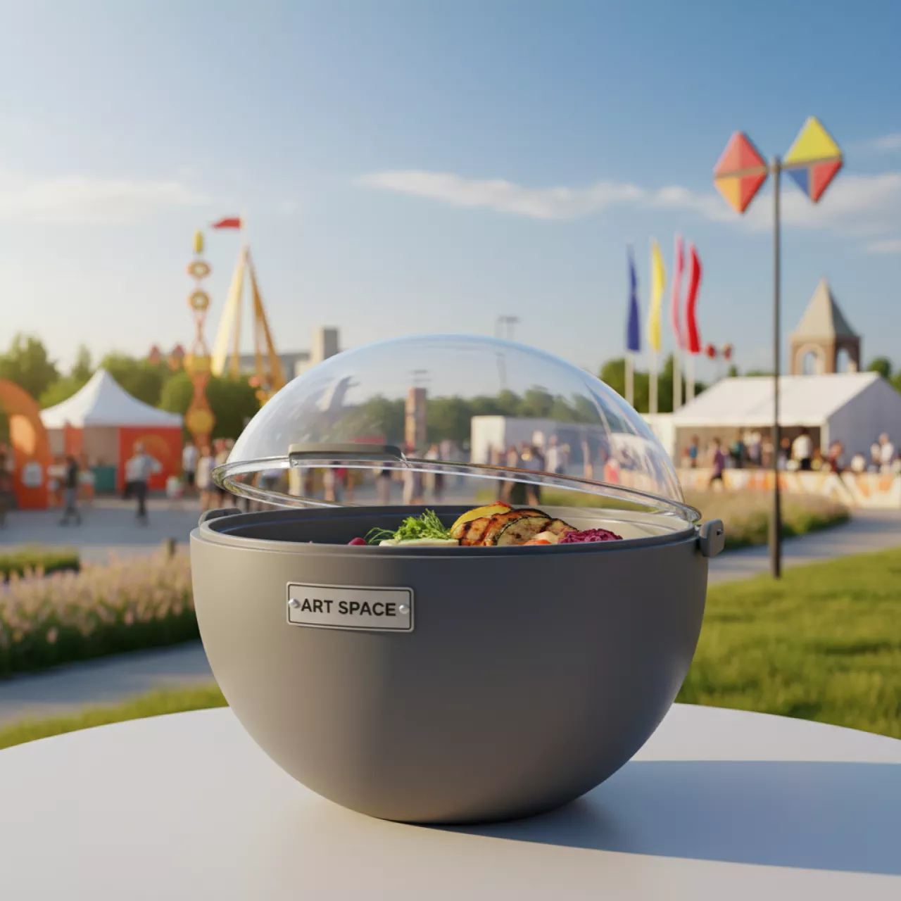 Аренда Ёмкость фуршетная Мун с откидной крышкой пластиковая серая 0,8 л D 19 см H 17,5 см в этно-парке «Моя Россия» — ART SPACE