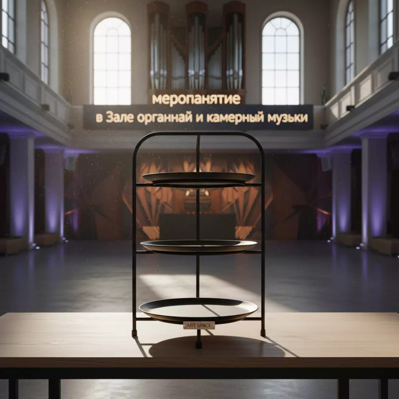 Аренда Этажерка для фуршета трехъярусная диаметр 18 23 28 см в Зале органной и камерной музыки — ART SPACE