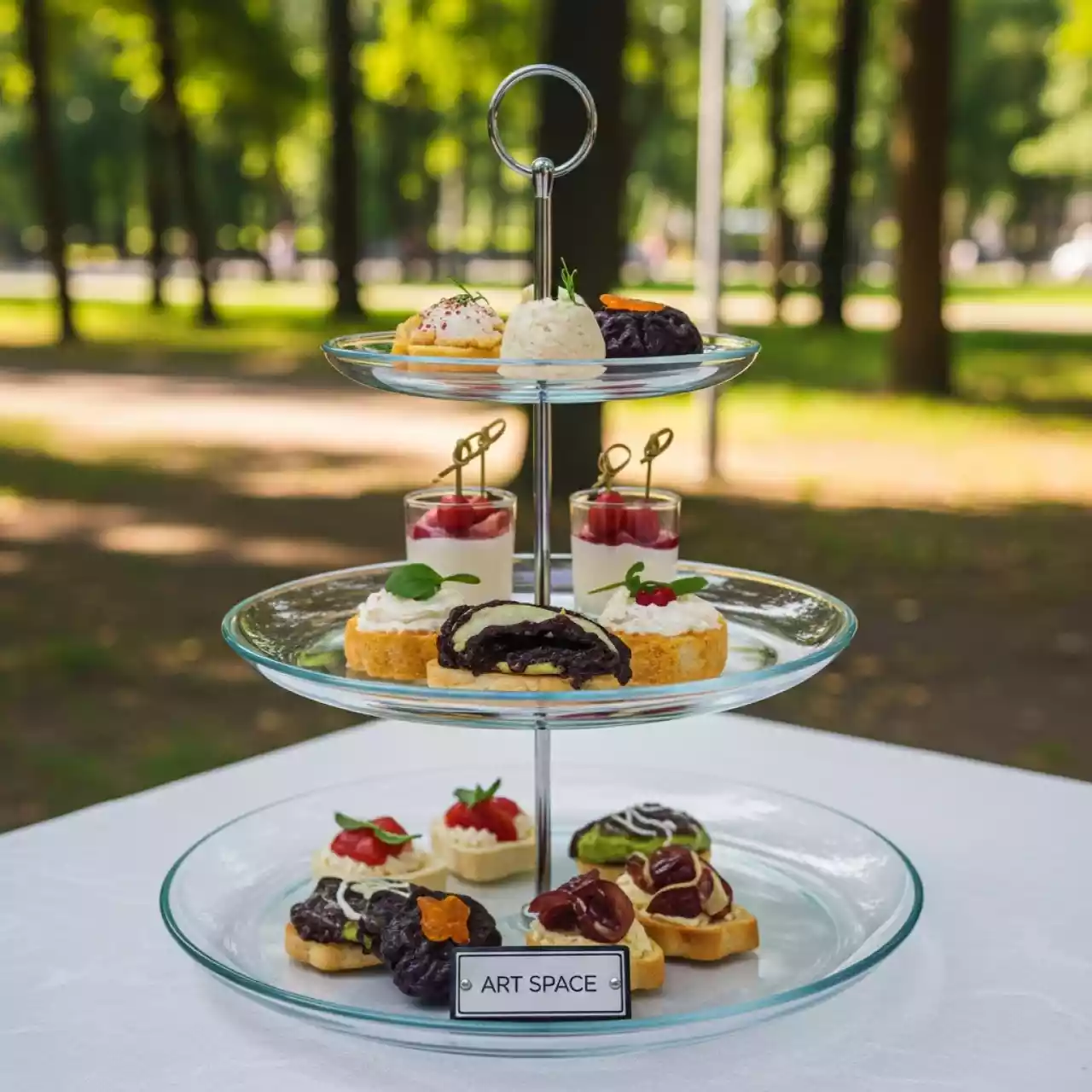 Аренда Этажерка трехъярусная стеклянная 22 26 30 см высота 38 см в парке «Ривьера» — ART SPACE