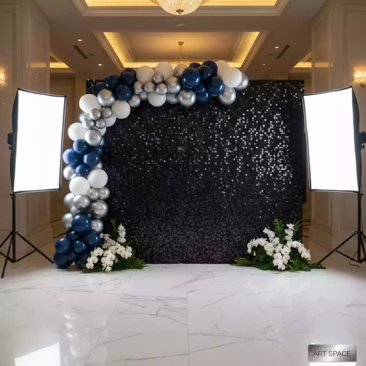 Аренда Фотозона черная из пайеток с шарами для вечеринки в отеле Hyatt Regency Sochi — ART SPACE