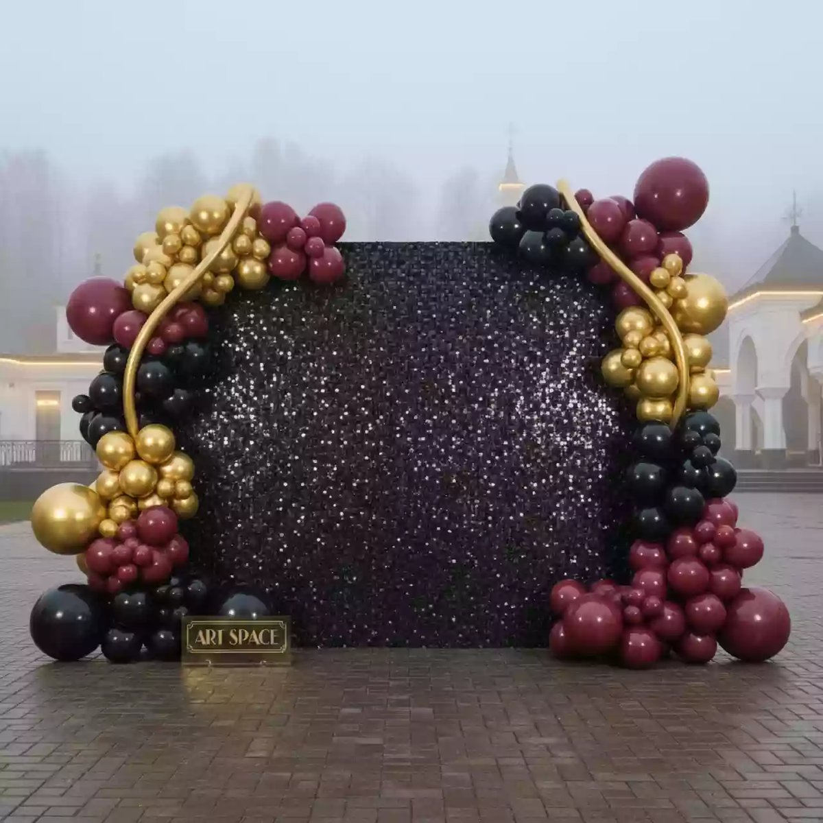 Аренда Фотозона из черных пайеток с гирляндами из шаров в этно-парке «Моя Россия» — ART SPACE