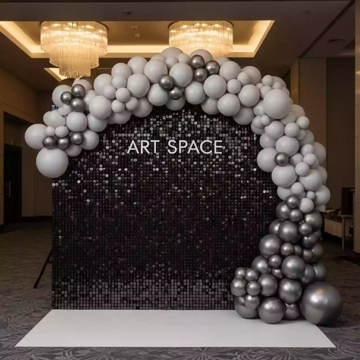 Аренда Фотозона из пайеток с шарами для вечеринки черная в конгресс-холле отеля Жемчужина — ART SPACE