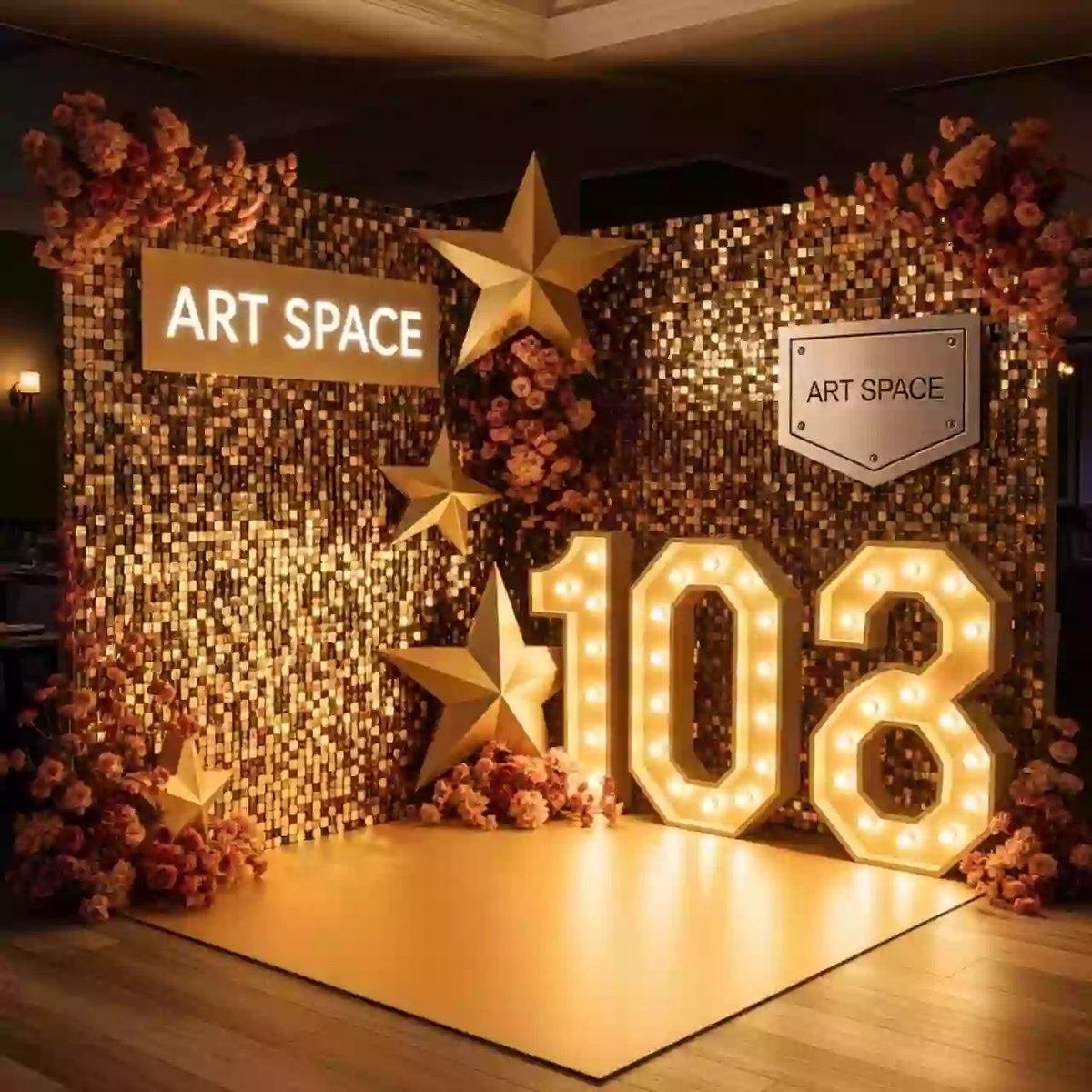 Аренда Фотозона из золотых пайеток угловая со звездами и цифрами в ресторане «Магеллан» — ART SPACE