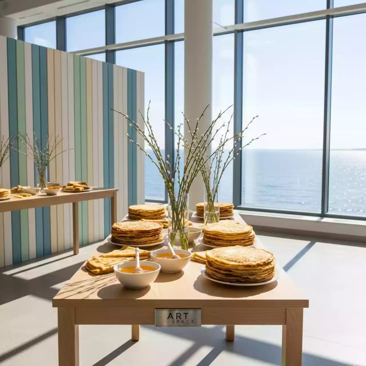 Аренда Фотозона Масленица стол с блинами в зале «Чайка» (Морпорт) — ART SPACE