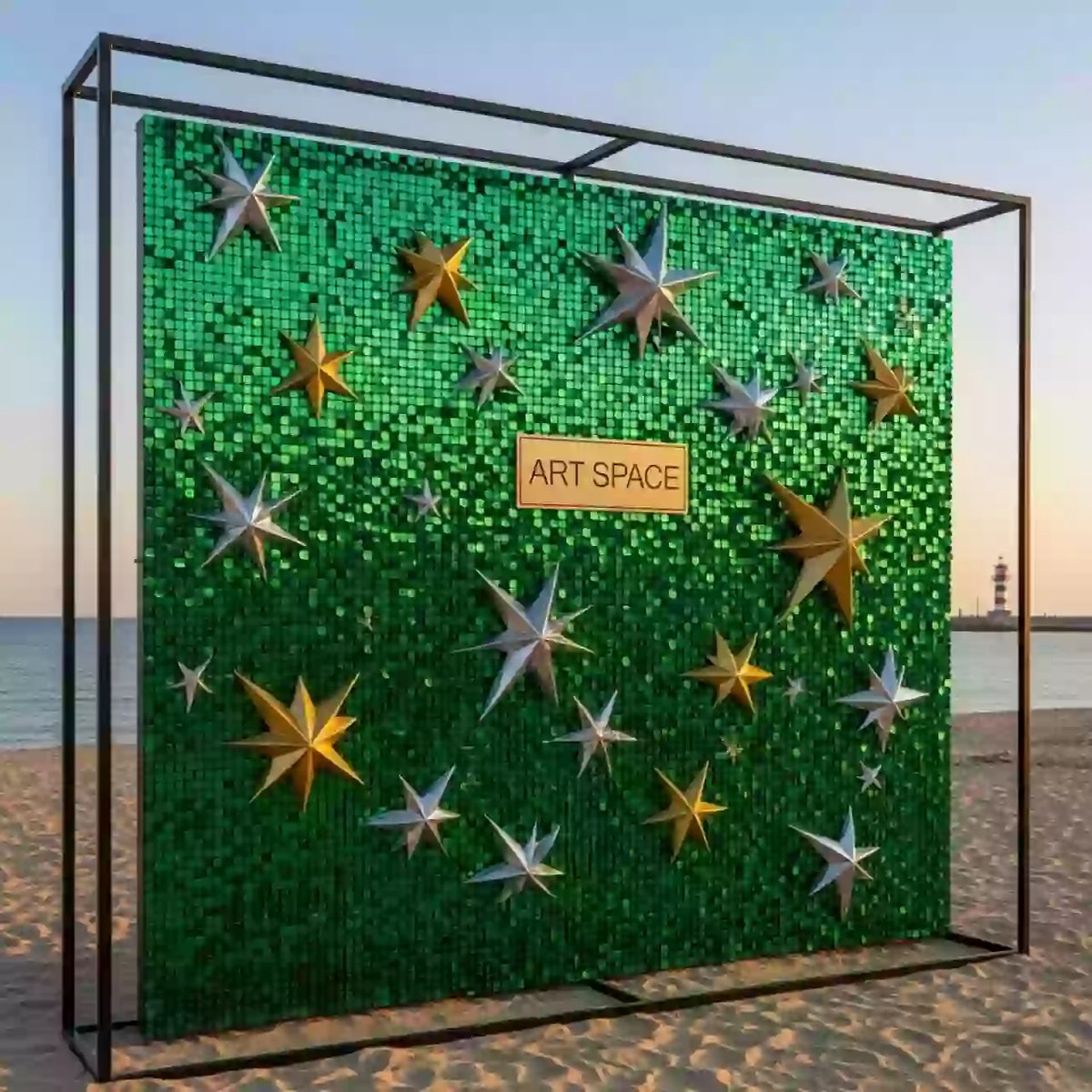 Аренда Фотозона на выпускной из зеленых пайеток со звездами на пляже «Маяк» — ART SPACE