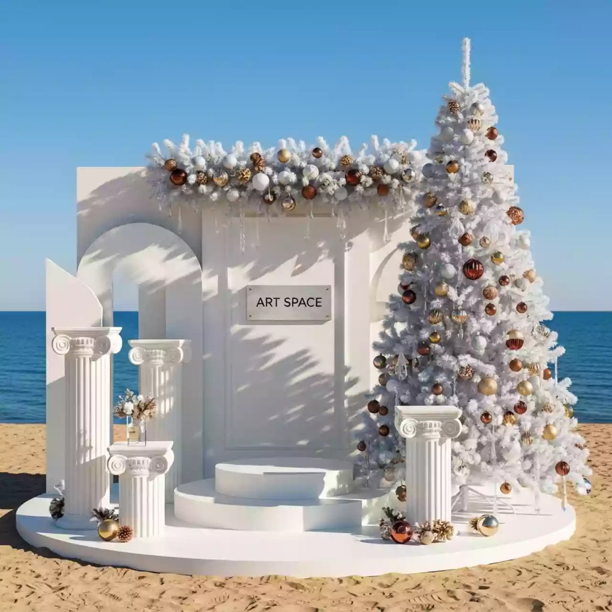 Аренда Фотозона с белой ёлкой и декором на пляже «Маяк» — ART SPACE