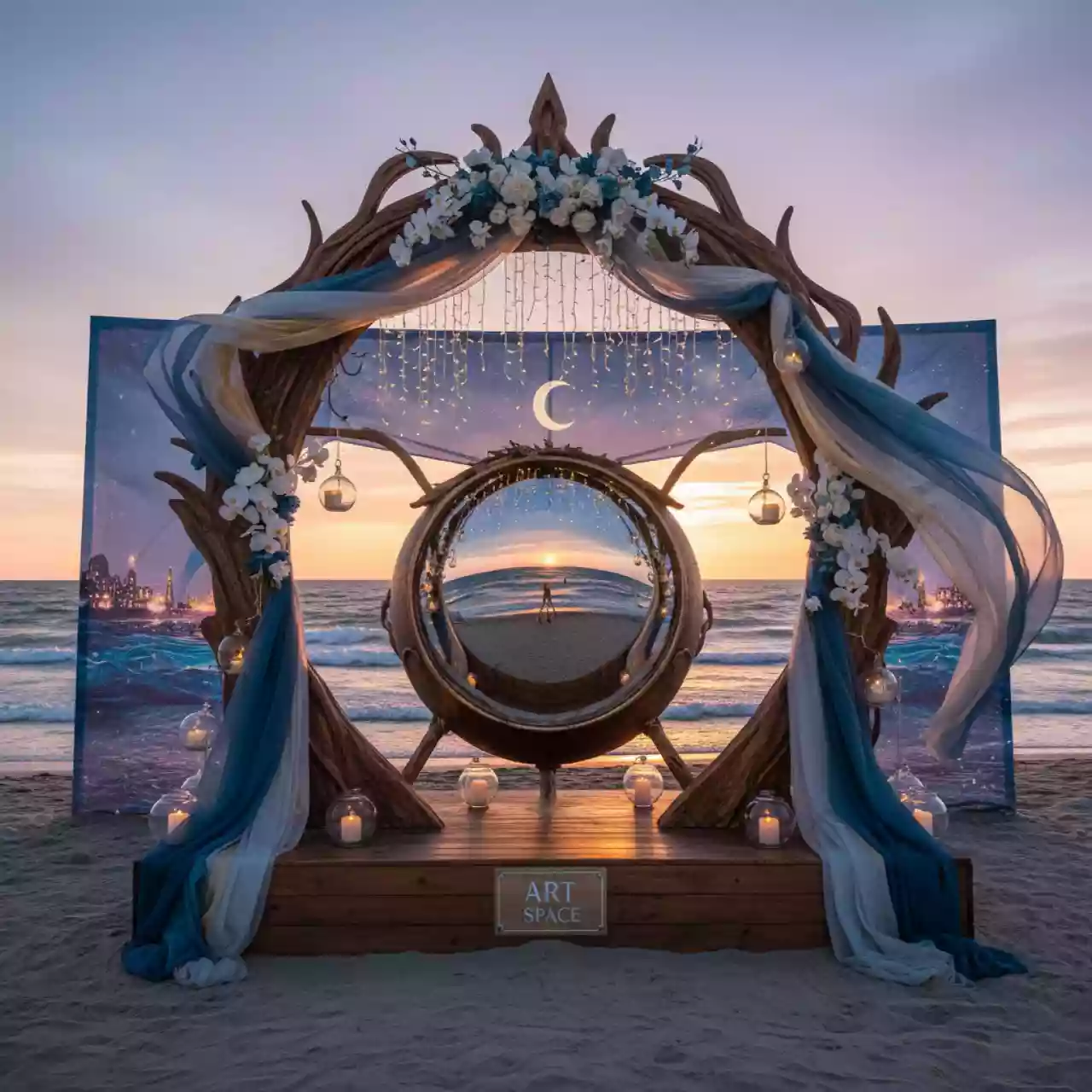 Аренда Фотозона с оптической иллюзией "Тарелка" на пляже «Ривьера» – Идеальное Украшение Свадьбы в Зимнем Стиле — ART SPACE