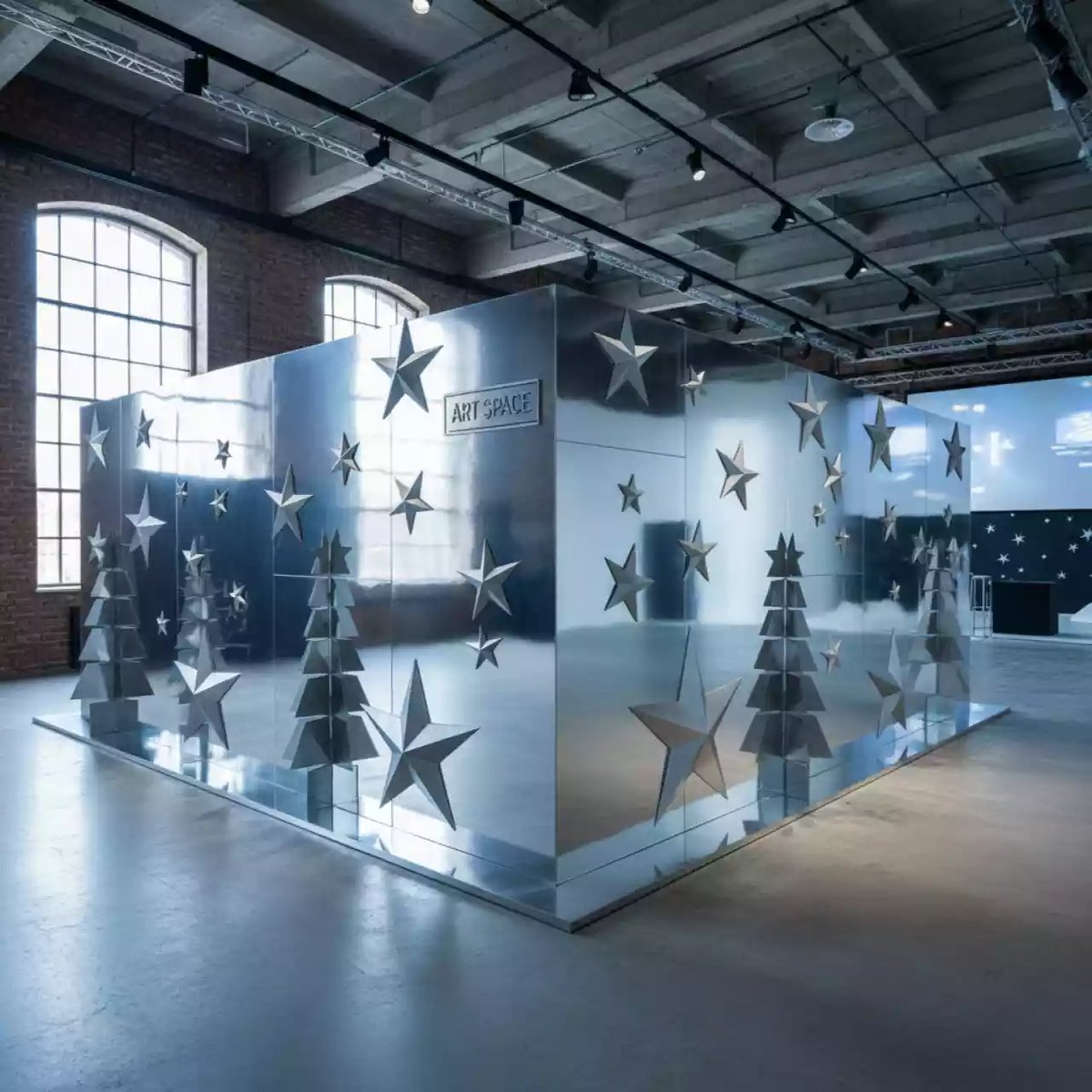 Аренда Фотозона серебряная угловая со звездами и елками на арене «Фишт» — ART SPACE