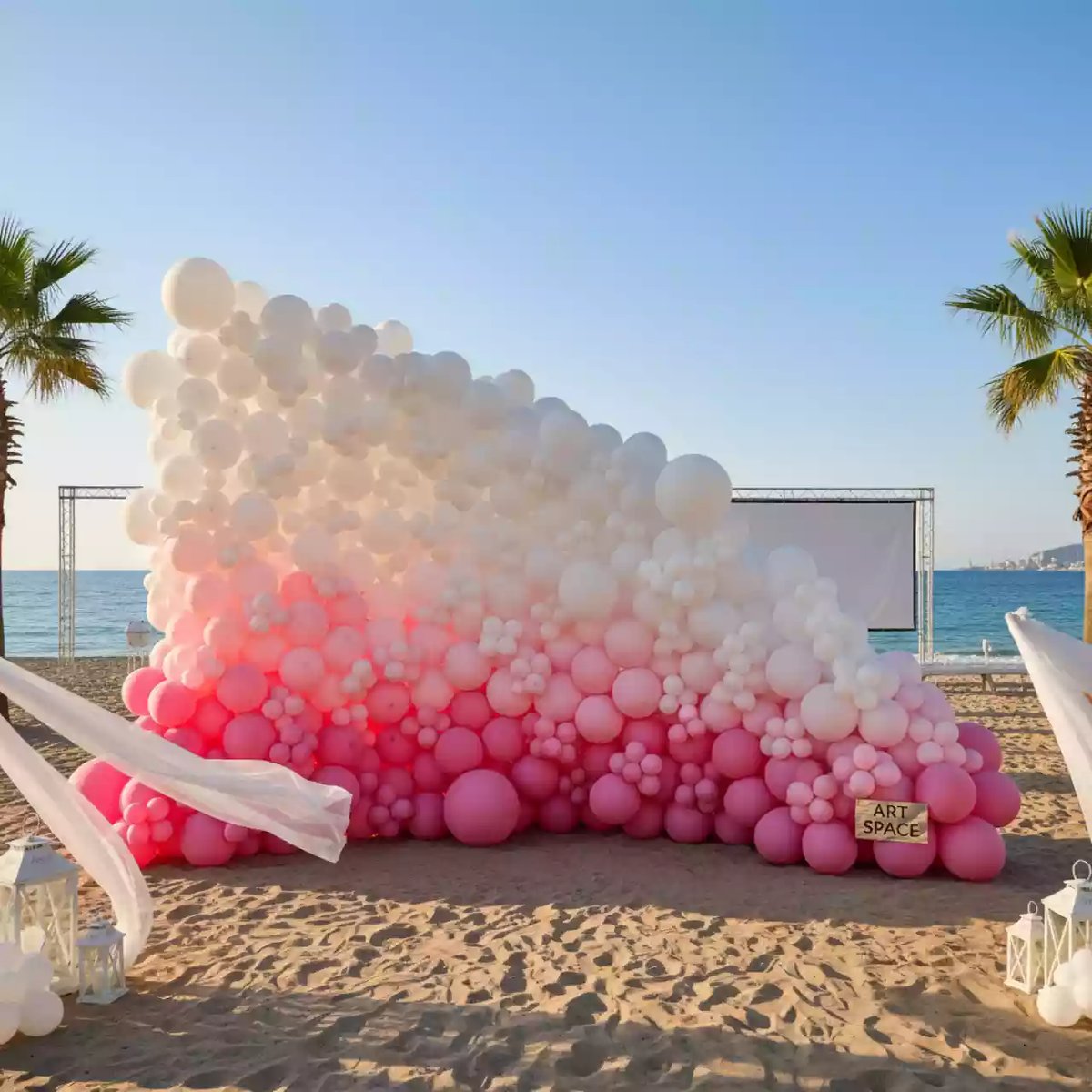 Аренда Фотозона стена из белых и розовых шаров на пляже «Ривьера» — ART SPACE