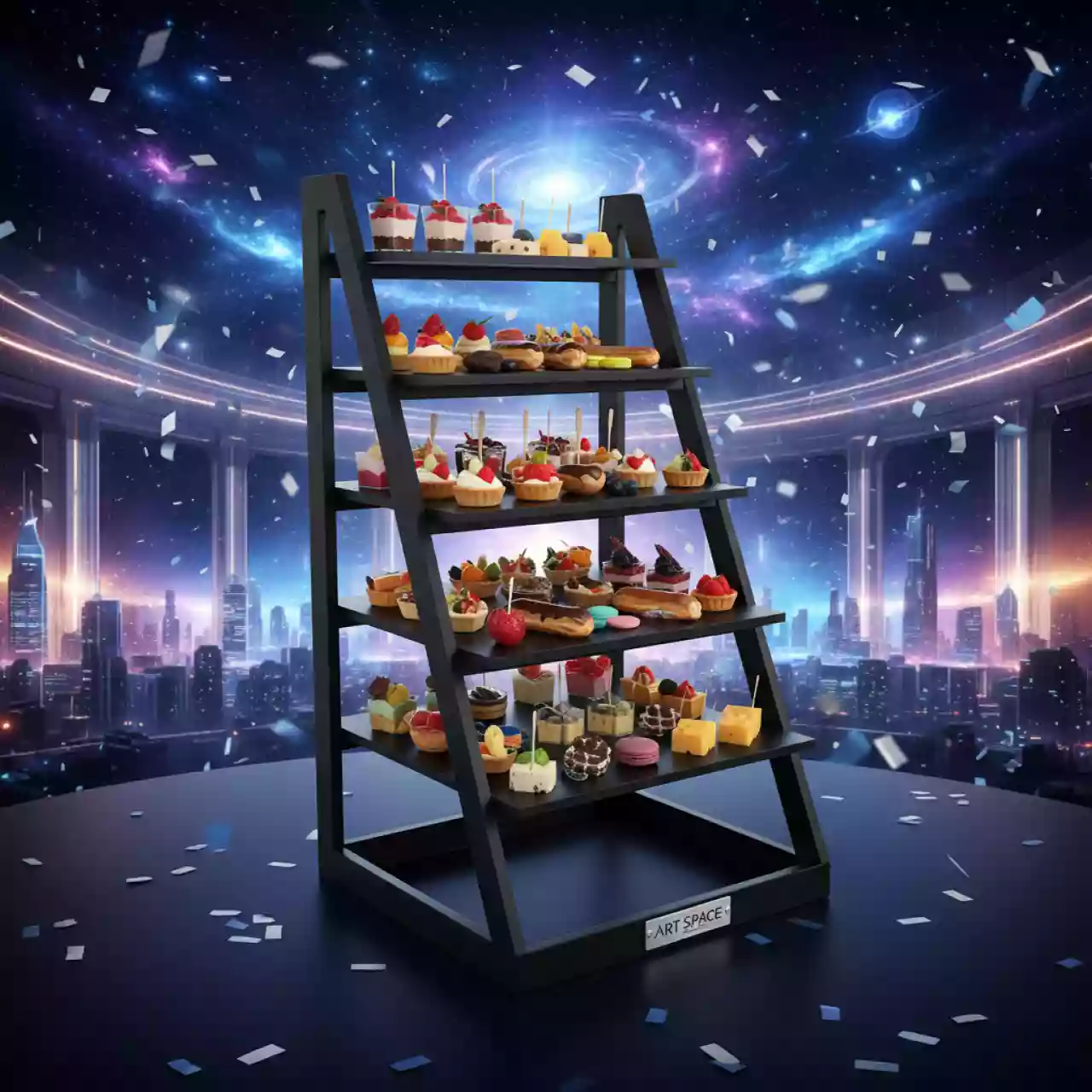 Аренда Фуршетная лестница черная 7 ярусов 65х40х20 в Alpha Sirius — ART SPACE