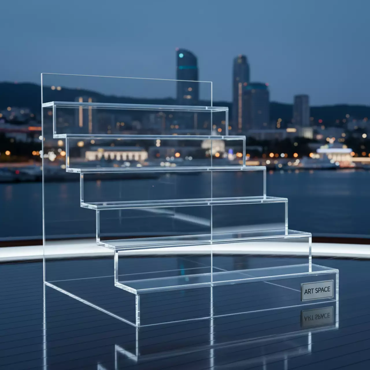 Аренда Фуршетная лестница прозрачная 7 ярусов 65х40х20 см на VIP теплоходе (Морпорт Сочи) — ART SPACE