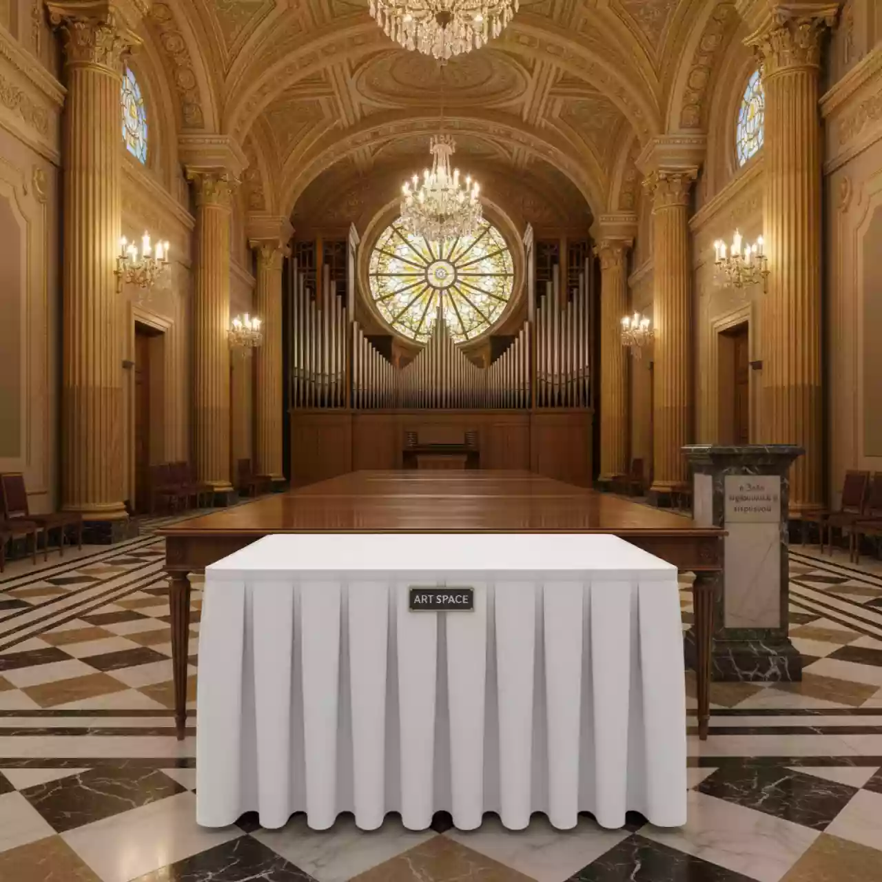 Аренда Фуршетная юбка белая 3 м в Зале органной и камерной музыки — ART SPACE