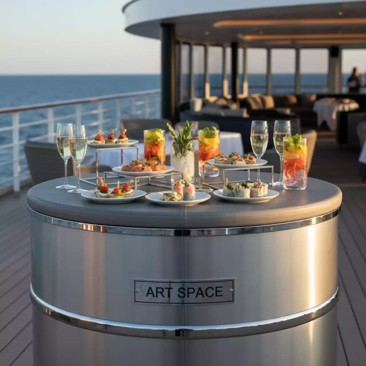 Аренда Фуршетного стола Barrel серый на теплоходе «Дагомыс» — ART SPACE