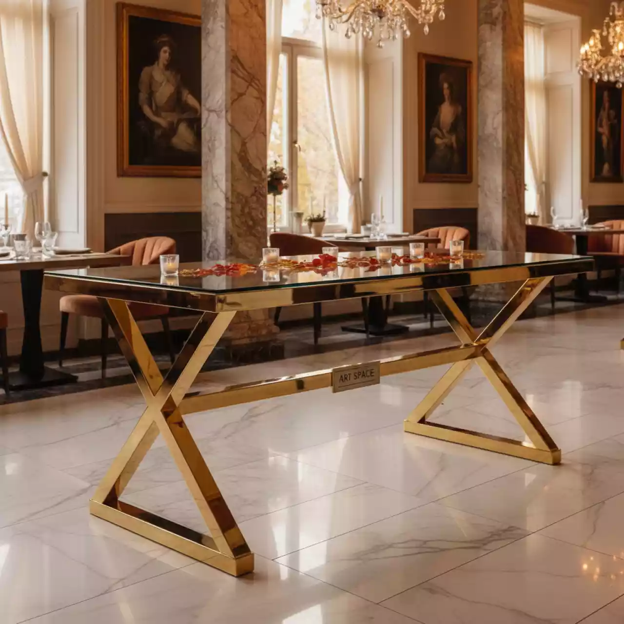 Аренда Фуршетный стол Double X Loft Gold Glass золотой в ресторане «Магеллан» — ART SPACE