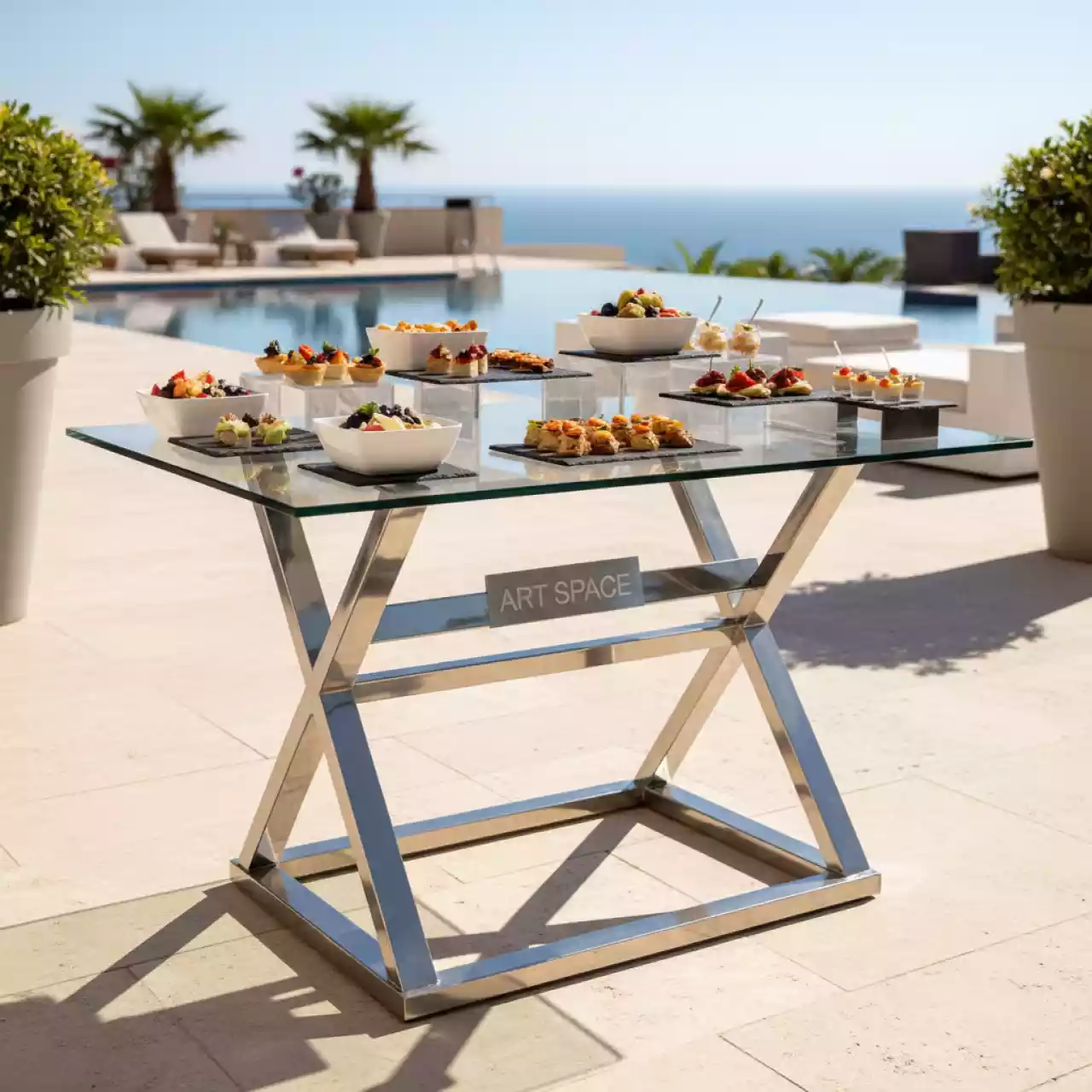 Аренда Фуршетный стол Double X Loft Silver Glass серебристый в Karat Resort — ART SPACE