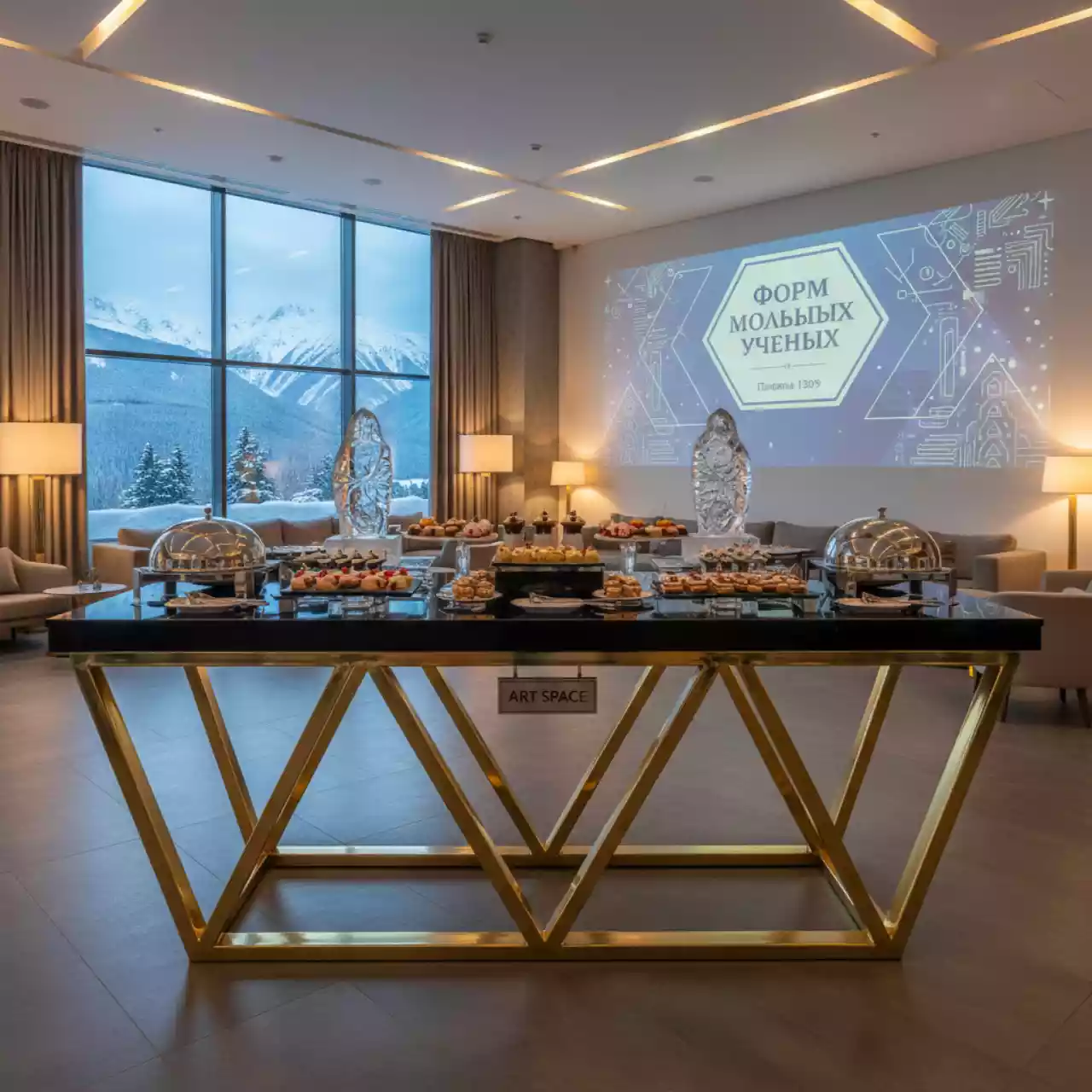 Аренда Фуршетный стол triangle gold black в Поляна 1389 Отель и Спа — ART SPACE
