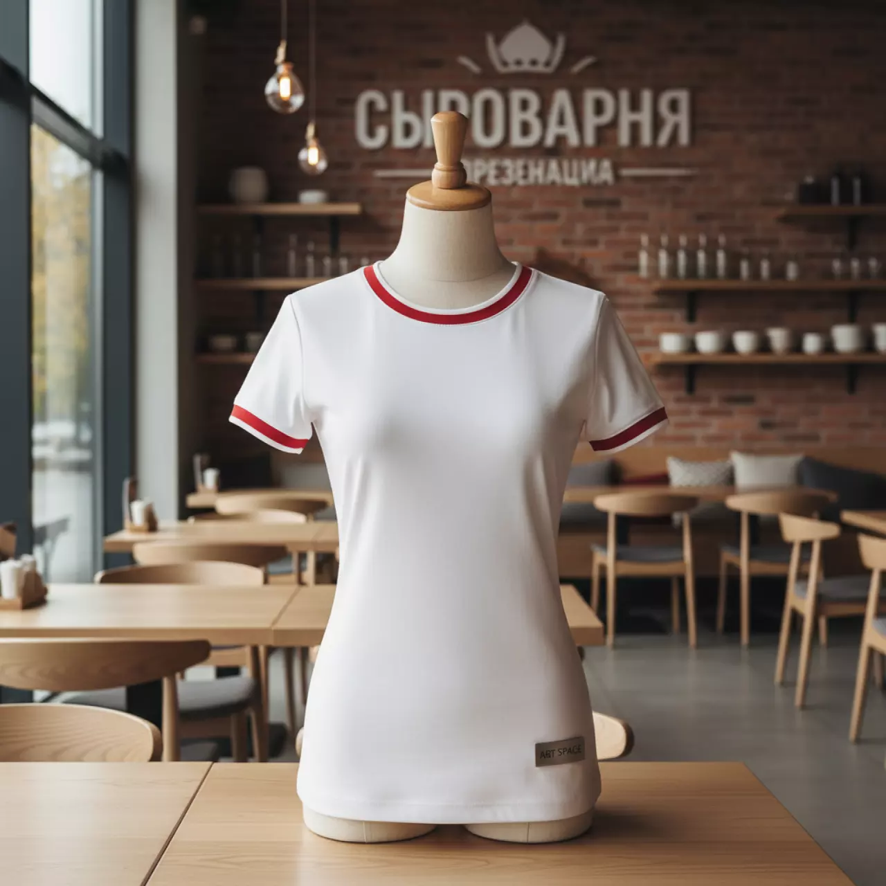 Аренда Футболка под нанесение логотипа MILES WOMEN белая с красным размер XS в ресторане «Сыроварня» — ART SPACE