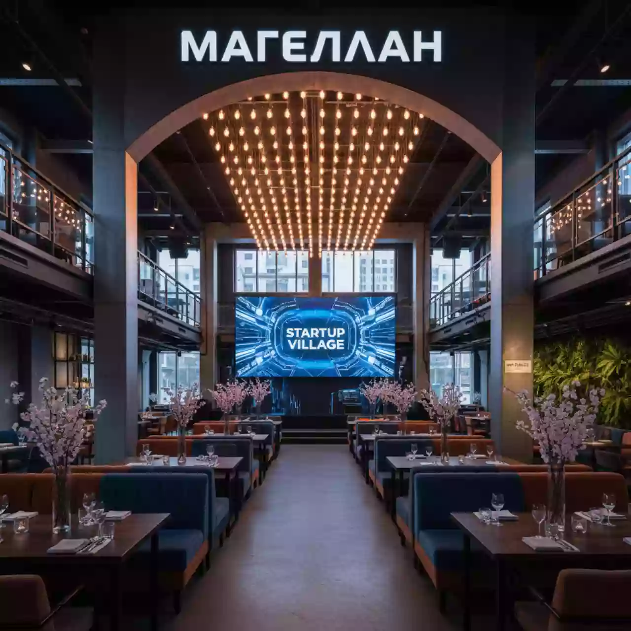 Аренда Гирлянда занавес электрическая Winter Glade 138 ламп тёплый белый СВ114 в ресторане «Магеллан» — ART SPACE