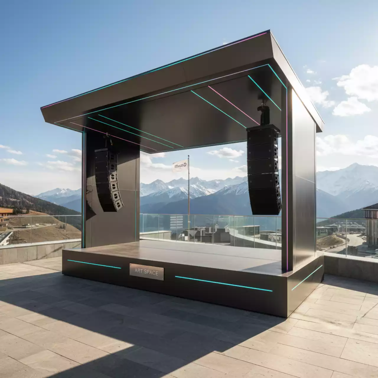 Аренда Инсталляция звукового оборудования и сцены 6х6 с крышей и порталами в Rixos Krasnaya Polyana — ART SPACE