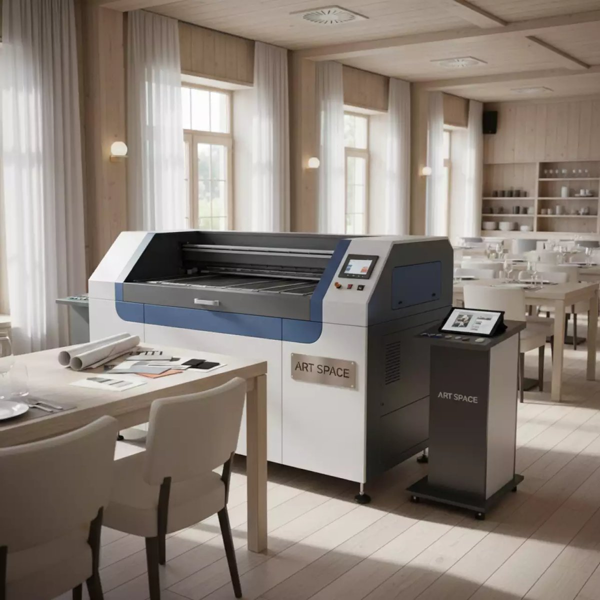 Аренда Инженерный рулонный планшетный принтер Han Bond HB 1512Pro с функцией резки в ресторане «Плакучая Ива» — ART SPACE
