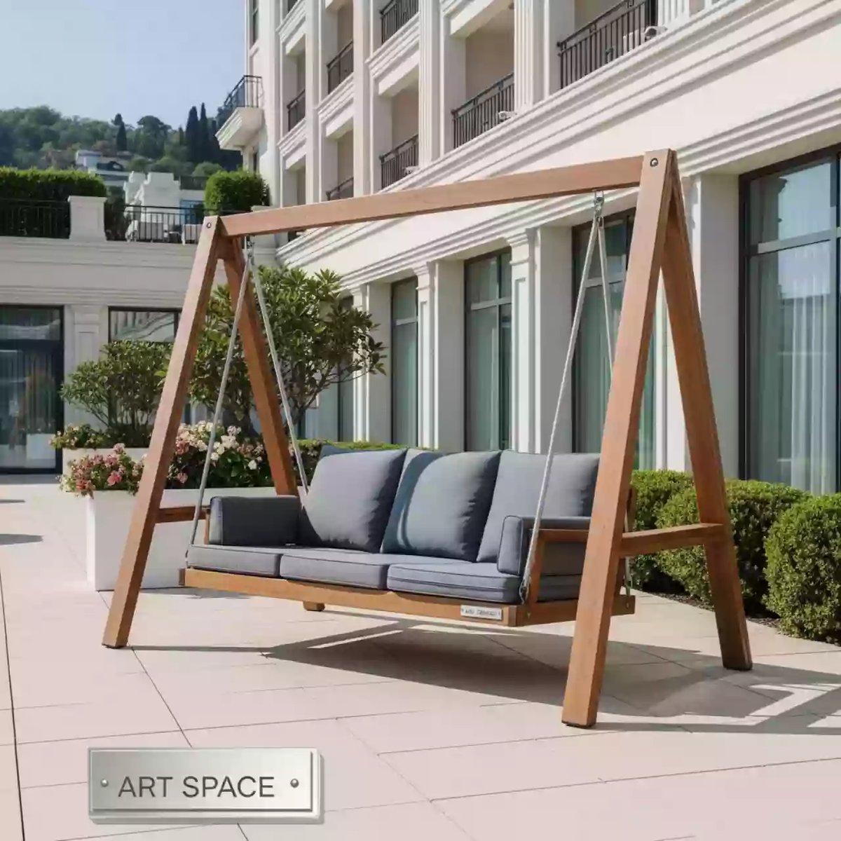 Аренда Качели деревянные Royal Family Lyon трехместные с серыми подушками в Grand Karat Sochi — ART SPACE