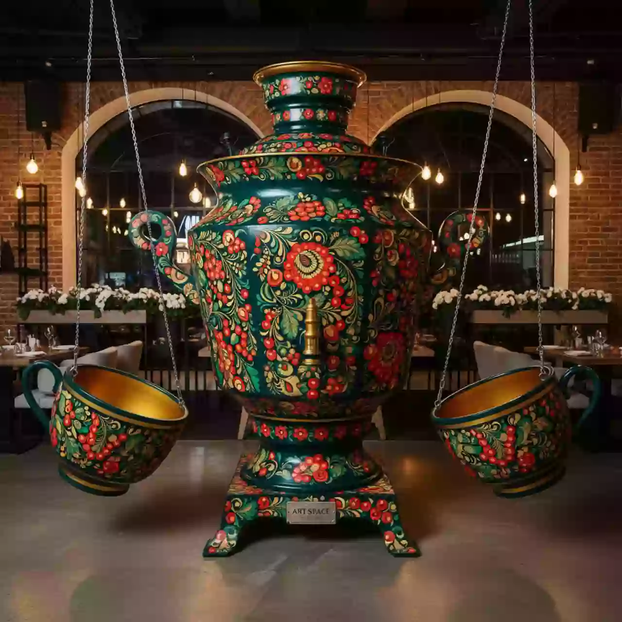 Аренда Качели Самовар хохлома в ресторане «Сыроварня» — ART SPACE