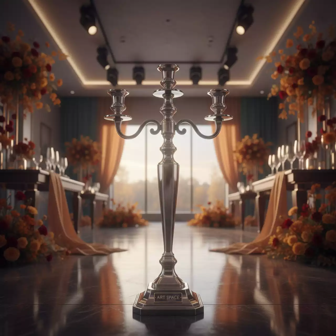 Аренда Канделябр серебряный на 3 свечи 80 см в Gamma Sirius — ART SPACE