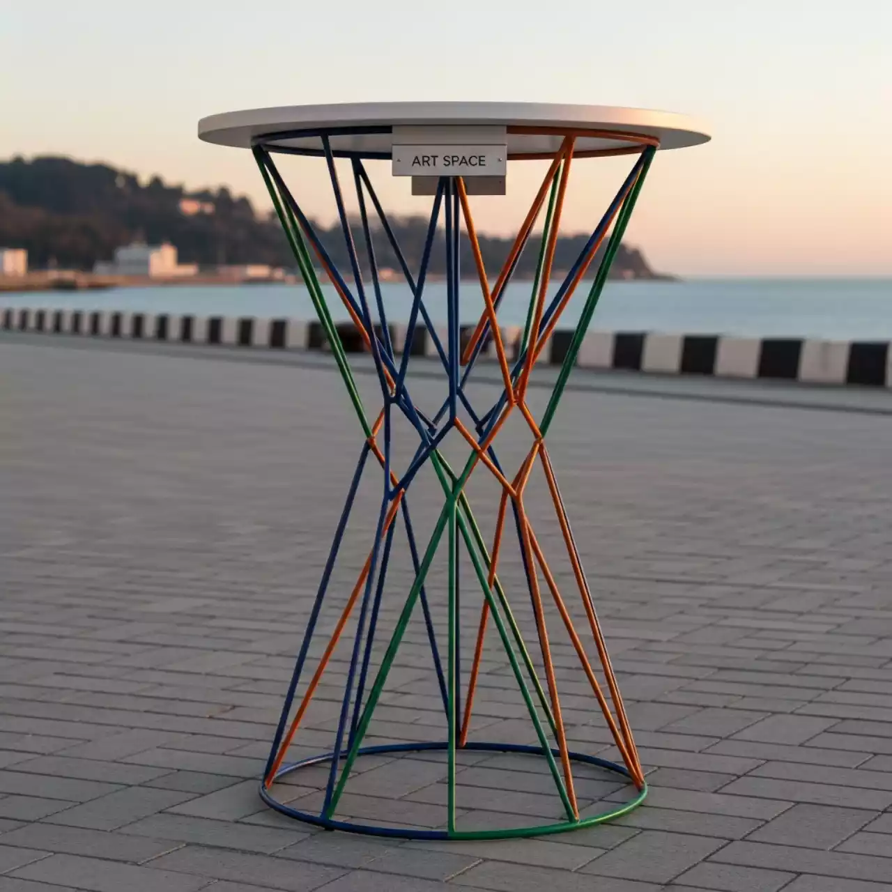 Аренда Коктейльный стол Граф с белой столешницей и мультицветным подстольем на территории Морпорта Сочи — ART SPACE