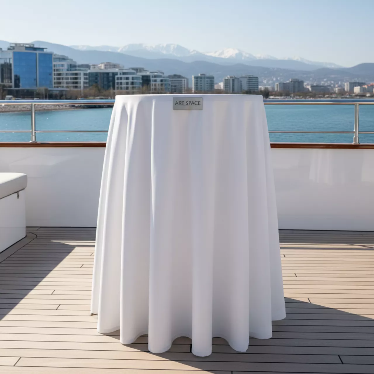 Аренда Коктейльный стол круглый 70х105 см с белой скатертью на VIP-яхте (Имеретинский порт) — ART SPACE