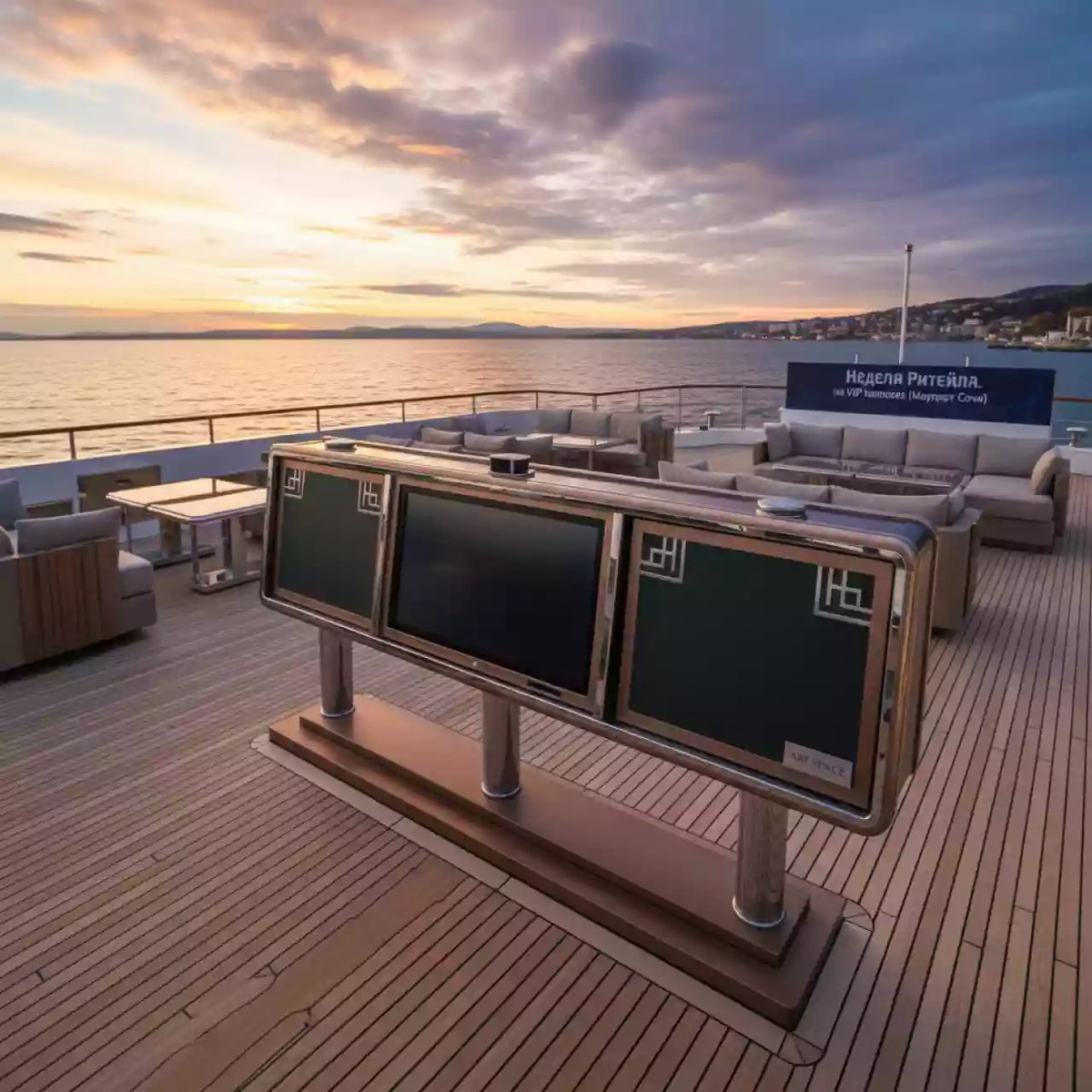 Аренда Комбинированная рельсовая система Skilo с двумя маркерно меловыми досками и интерактивной панелью 75 на VIP теплоходе (Морпорт Сочи) — ART SPACE