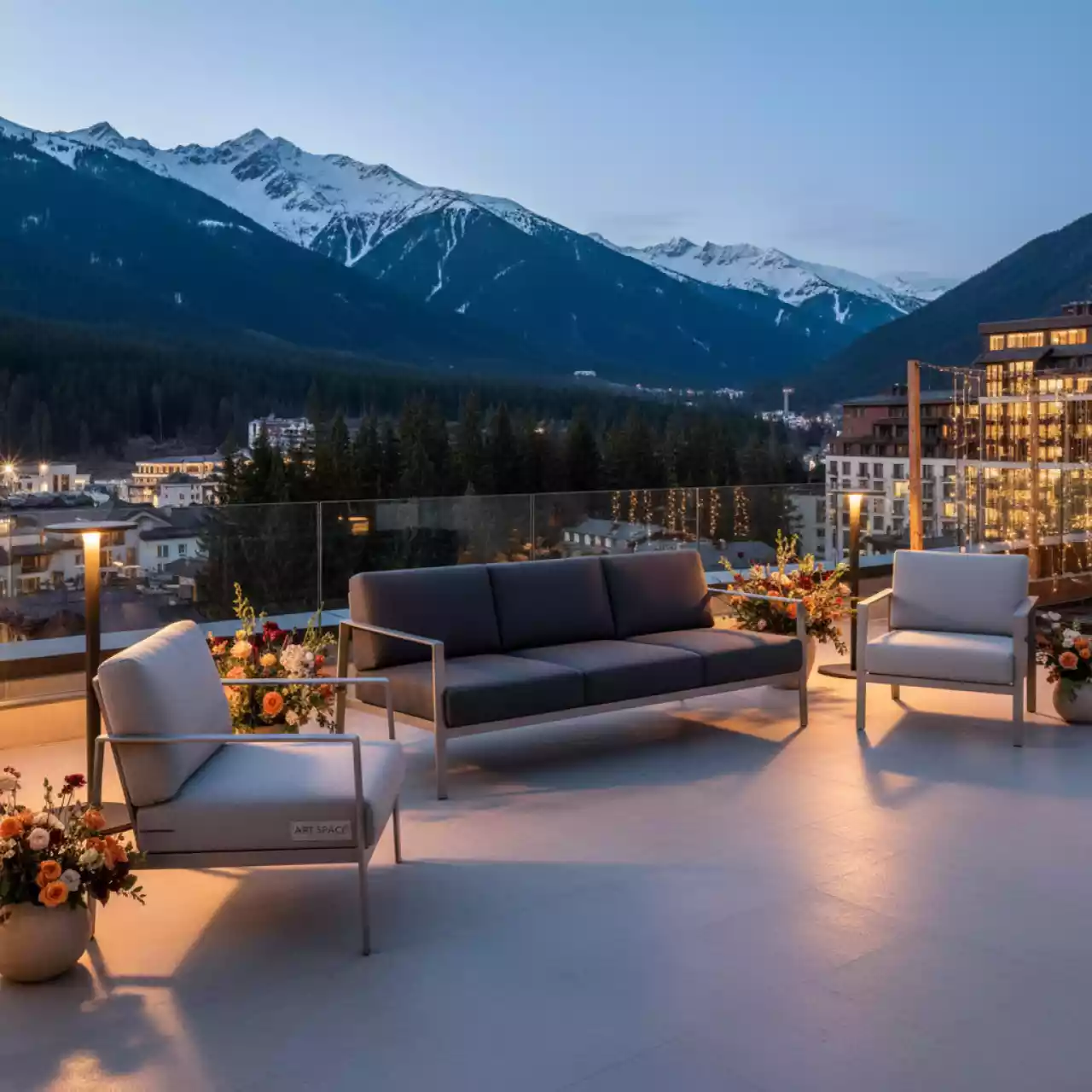 Аренда Комплект лаунж мебели Malmo с трёхместным диваном антрацит светло серый алюминий в Rixos Krasnaya Polyana — ART SPACE