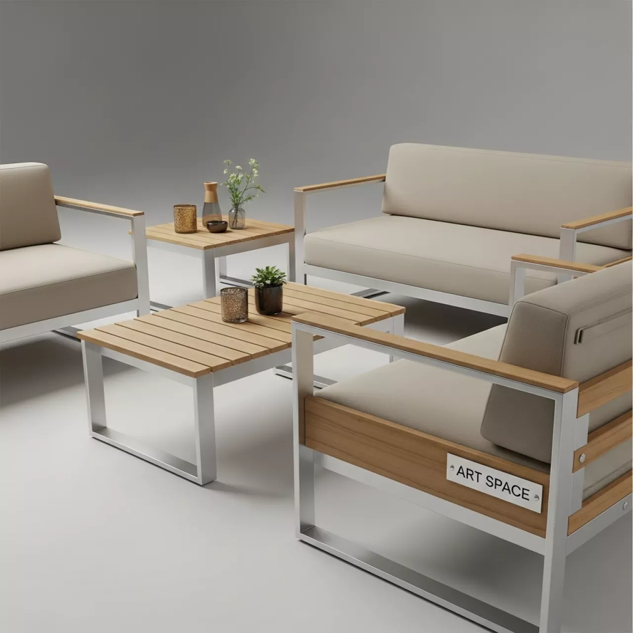 Аренда Комплект мебели бежевый натуральный алюминий тик Lyon Andy 280B 6N2R в Radisson Hotel Rosa Khutor — ART SPACE