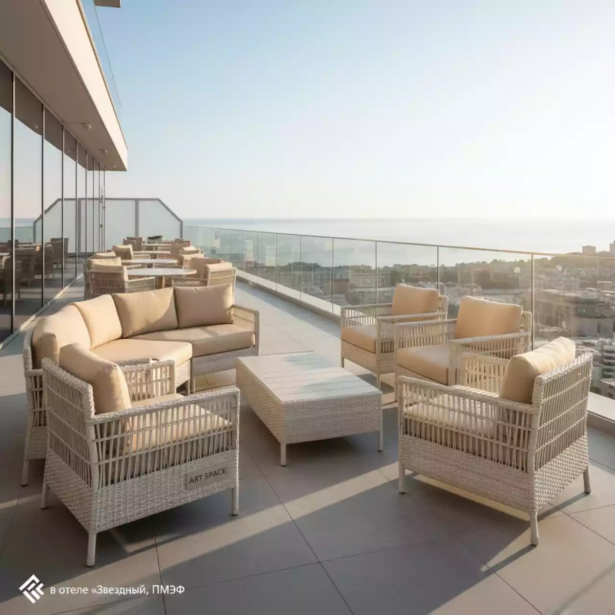 Аренда Комплект мебели из ротанга OUTDOOR Касабланка трехместный диван 2 кресла стол ш п светлый микс в отеле «Звездный» — ART SPACE