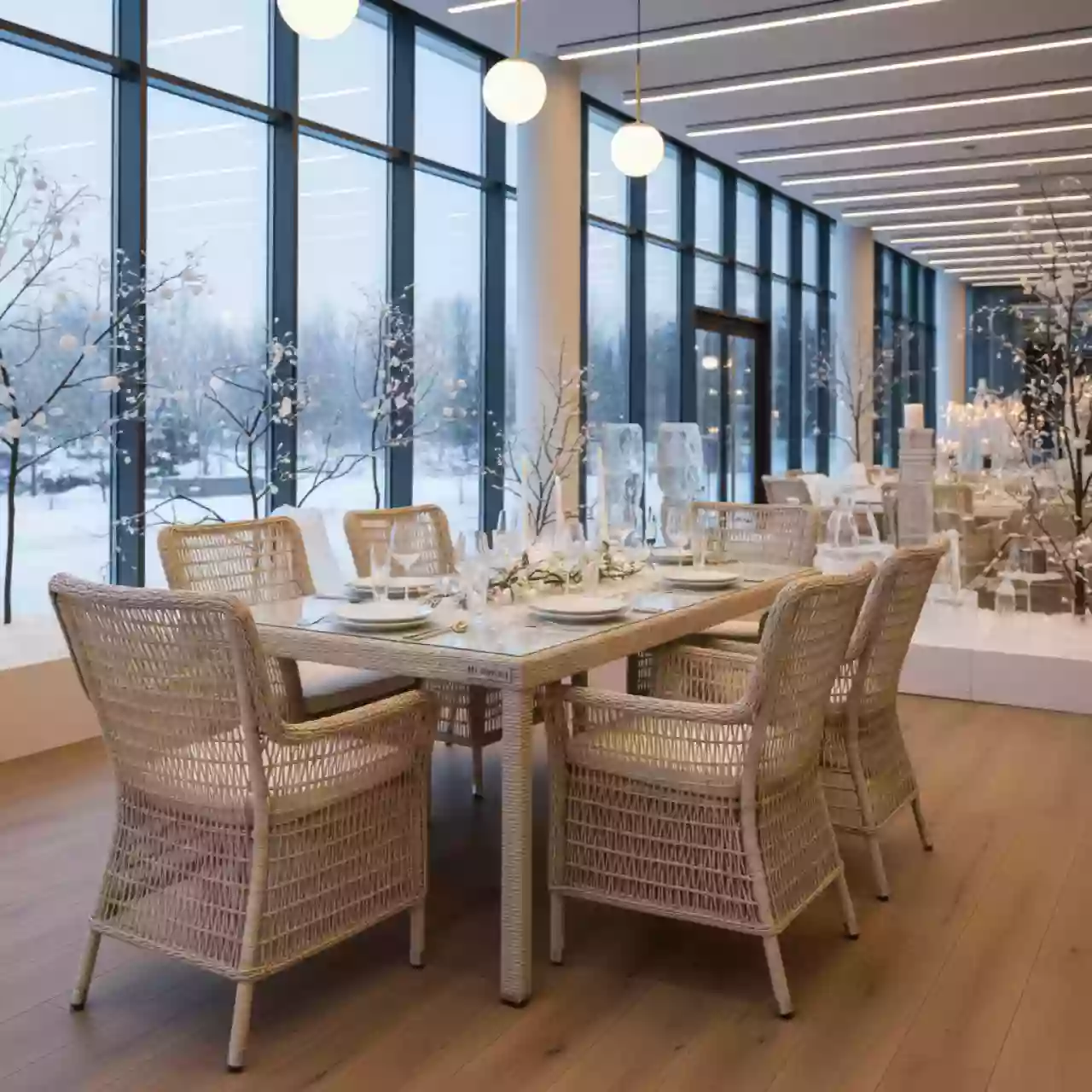 Аренда Комплект мебели из ротанга OUTDOOR Марокко стол 6 стульев узкое плетение светлый микс в Omega Sirius — ART SPACE