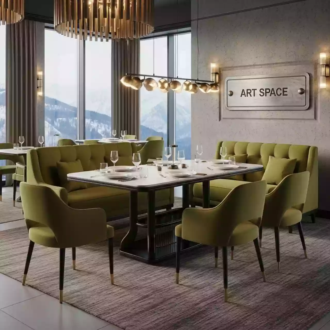 Аренда Комплект мебели обеденной Flow 1 оливковый в ресторане «Высота 5642» — ART SPACE