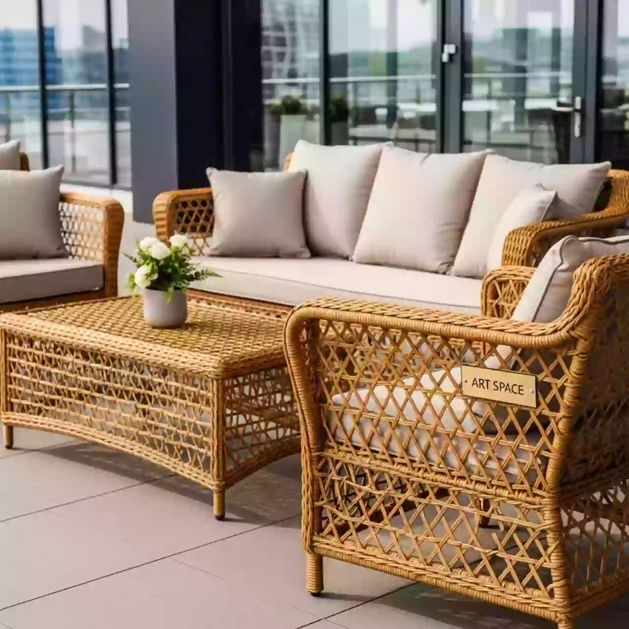 Аренда Комплект мебели плетеной Багамы медовый бежевый кресло софа столик на арене «Фишт» — ART SPACE