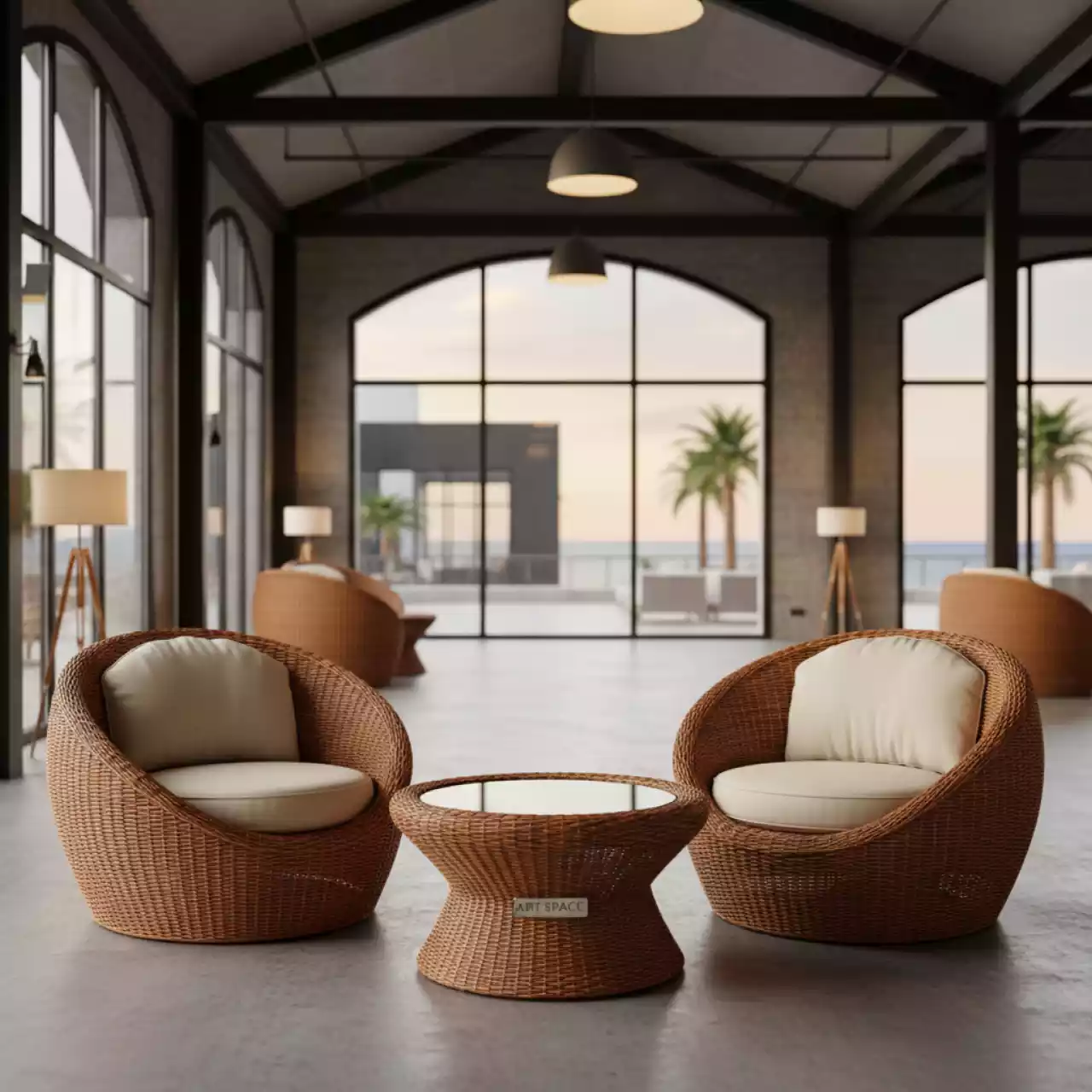 Аренда Комплект мебели плетеной Багамы Мини коньячный кресла и столик в санатории «Сочи» — ART SPACE