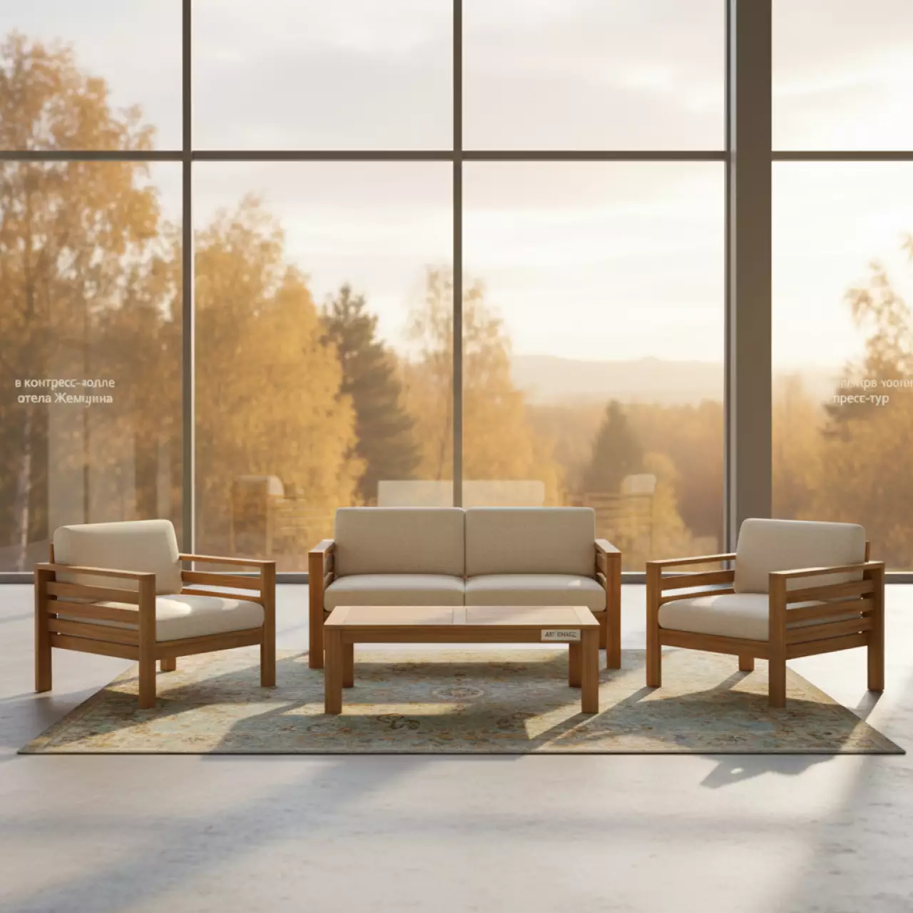 Аренда Комплект мебели поливуд Майорка стол двухместный диван 2 кресла тик в конгресс-холле отеля Жемчужина — ART SPACE
