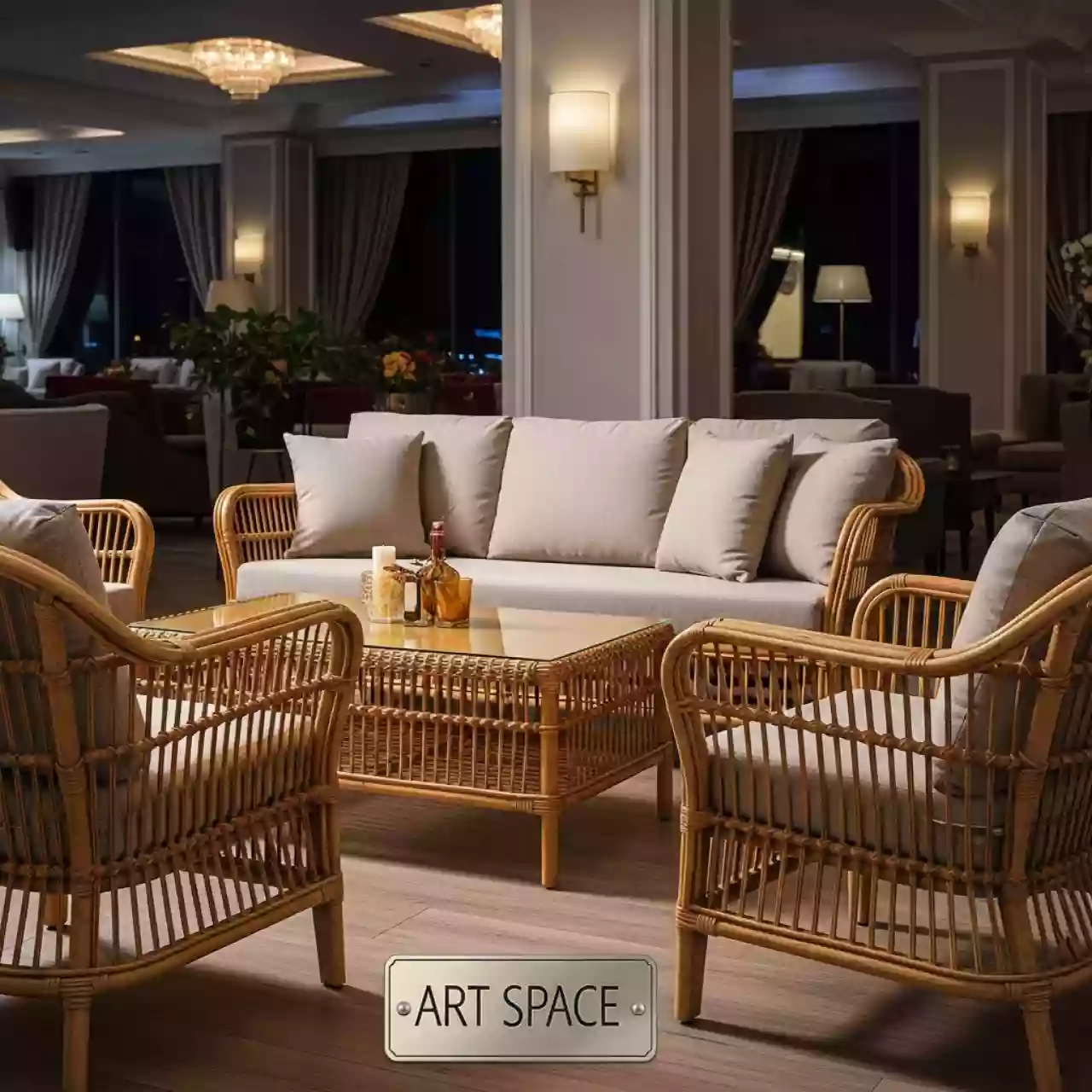 Аренда Комплект плетеной мебели Багамы кресло диван столик медовый каркас бежевые подушки в гранд-отеле «Жемчужина» — ART SPACE