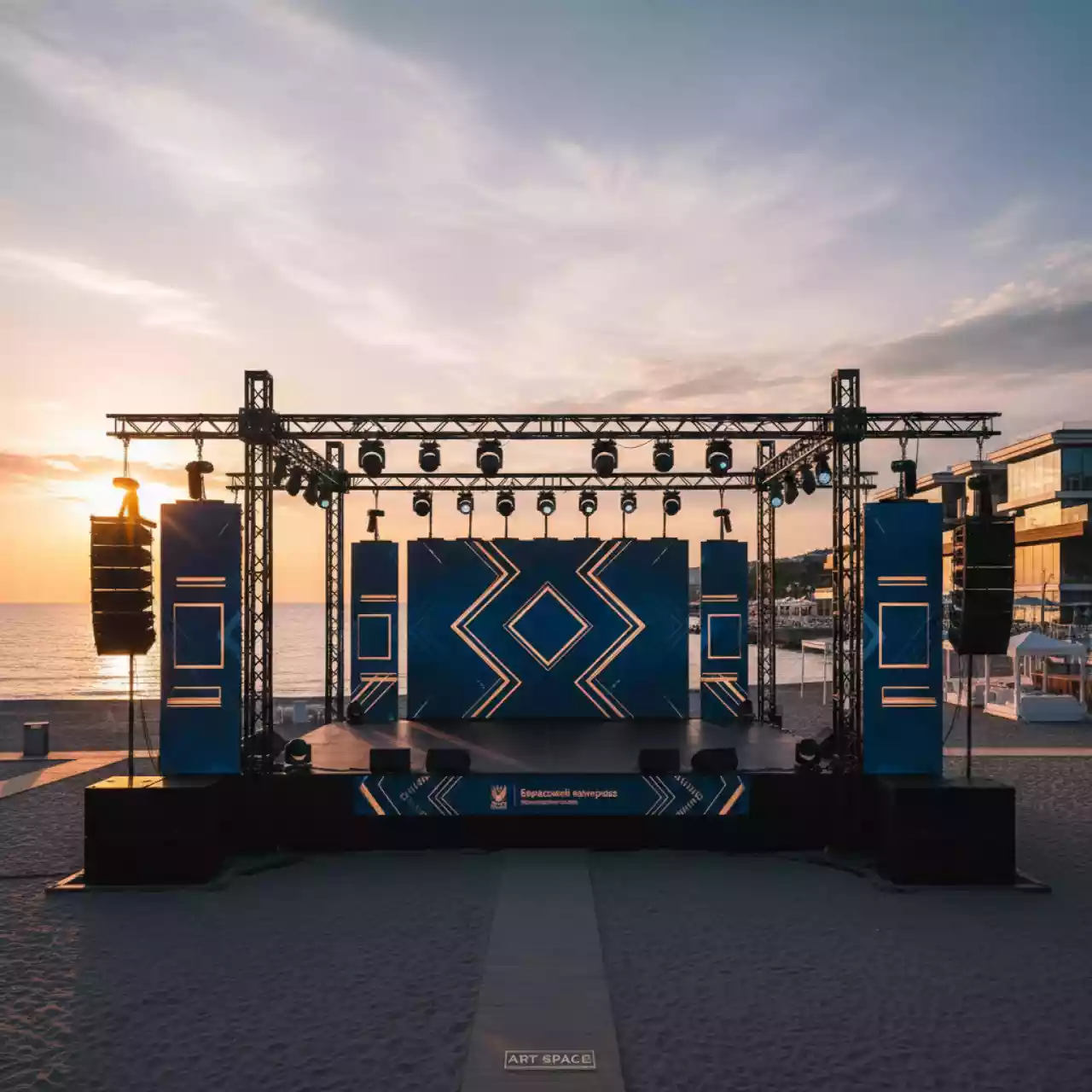 Аренда Комплект света звука экран сцена на пляже «Мандарин» — ART SPACE