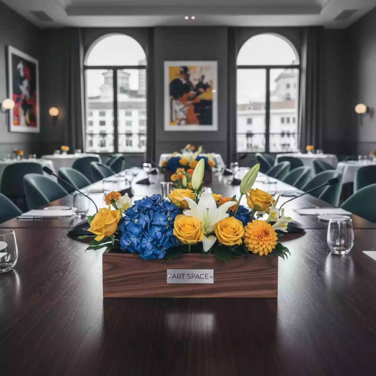 Аренда композиции из различных цветов в ящике в ресторане «La Terrazza» — ART SPACE