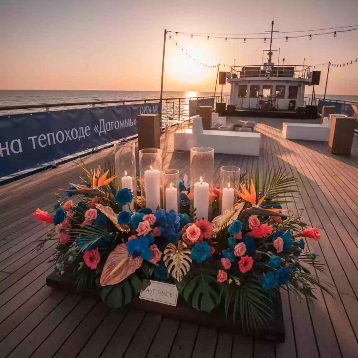 Аренда Композиции роскошные из свежих цветов зелени и свечей на теплоходе «Дагомыс» — ART SPACE